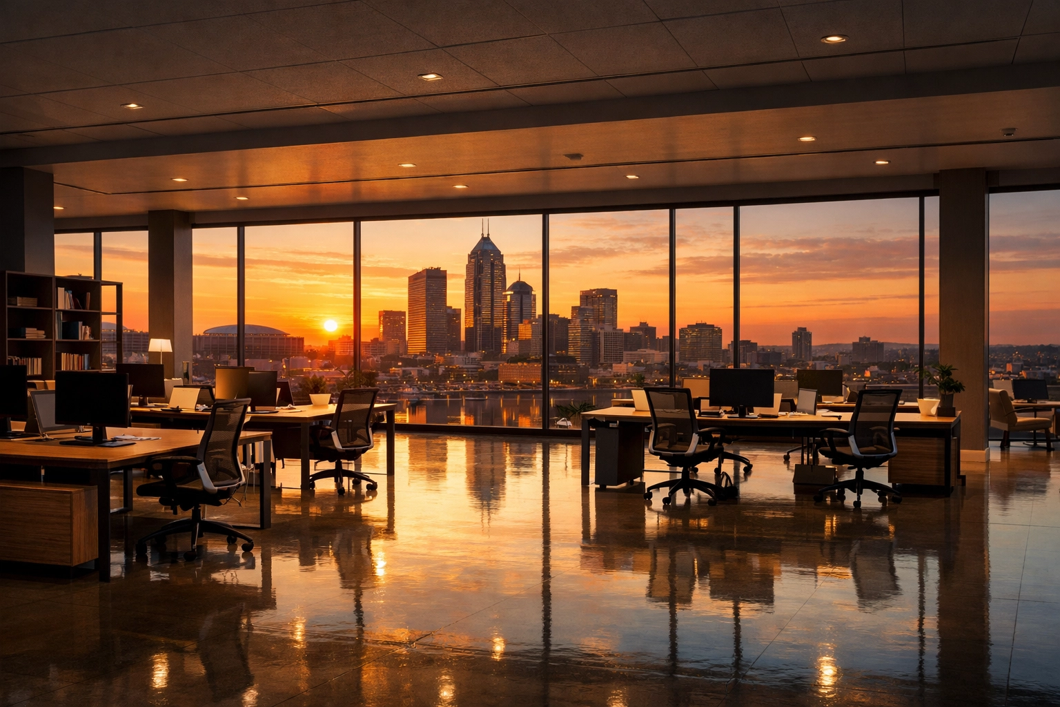 Clean and modern open-plan corporate office in Detroit with polished floors and a sunset city skyline view.