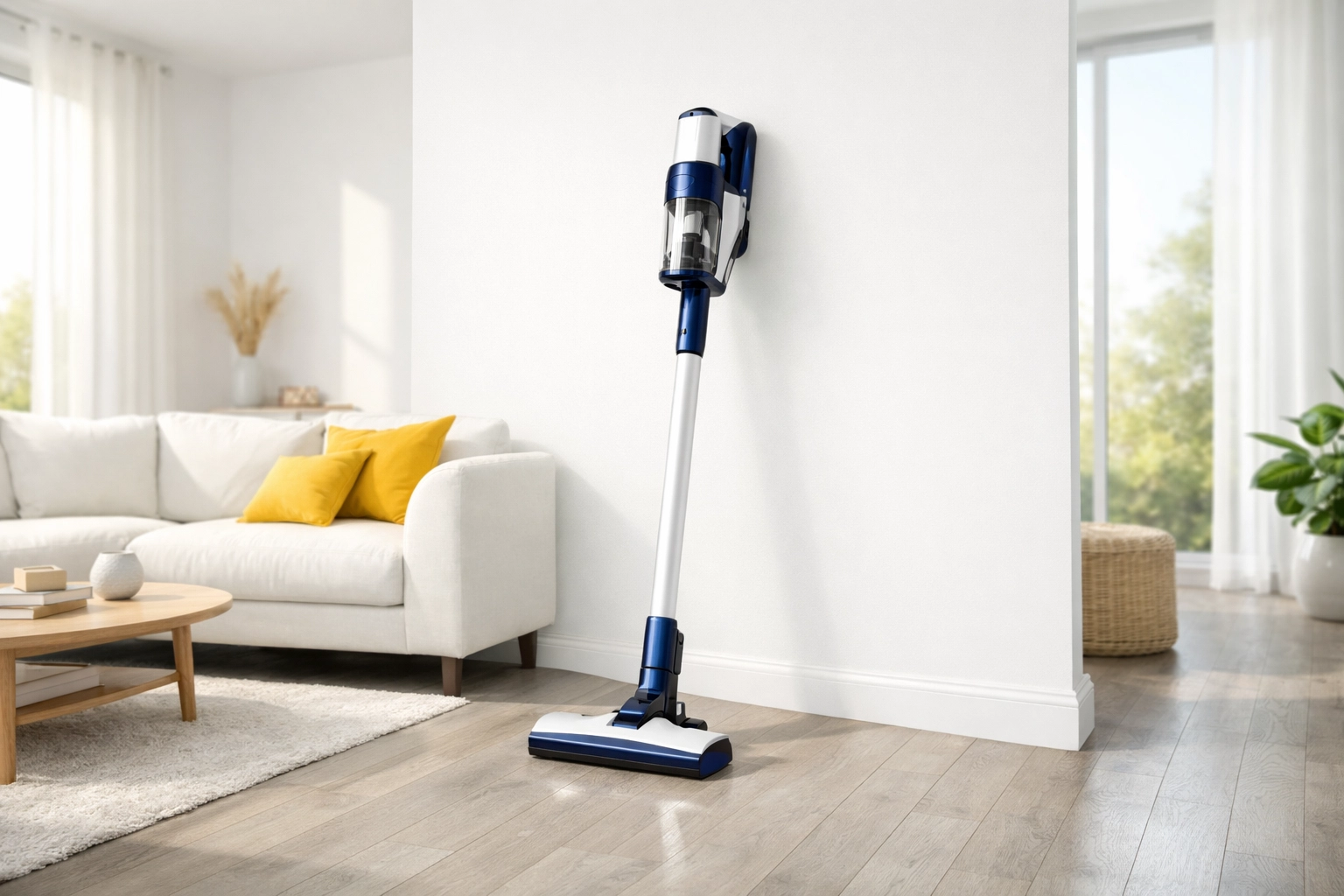 Sleek cordless vacuum in a minimalist living room, an essential tool for maintaining a dust-free home.