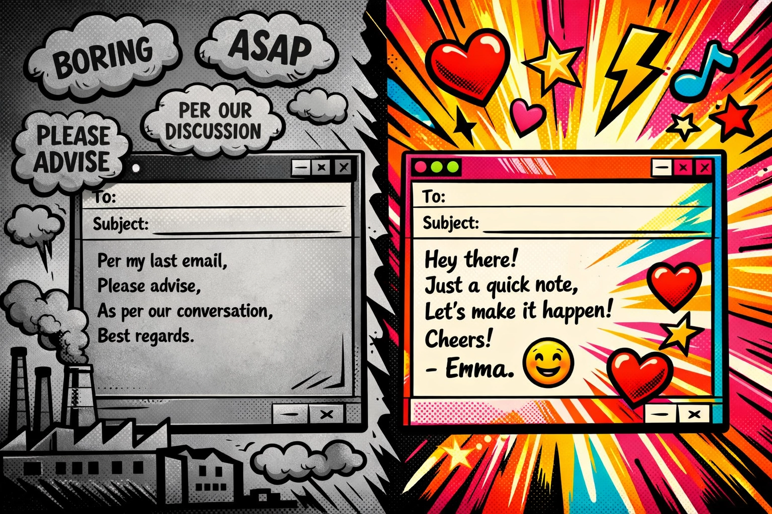 Side-by-side comparison of robotic AI content versus personalized brand voice in automated business emails