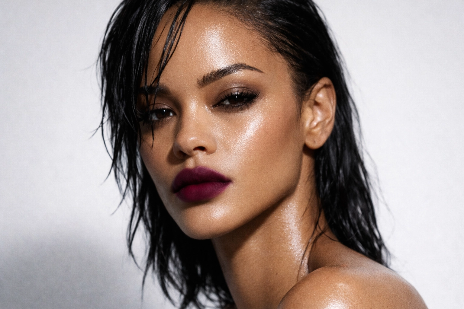 Edgy editorial shot of a model with a deep plum blurred lip and luminous skin texture.