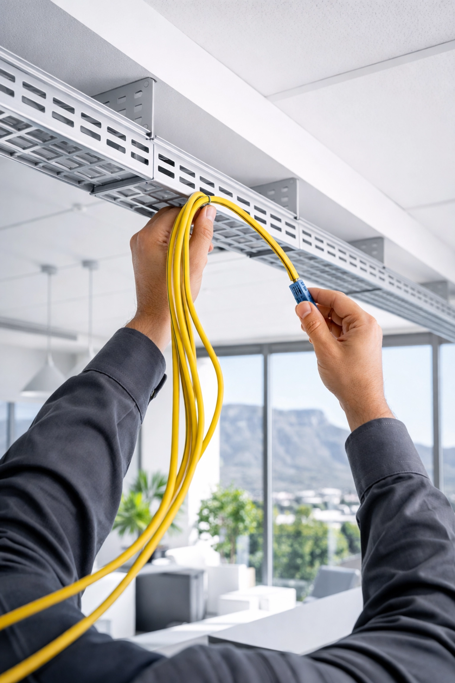 Technician installing yellow Cat 6 cable in a professional Cape Town office with Table Mountain view.
