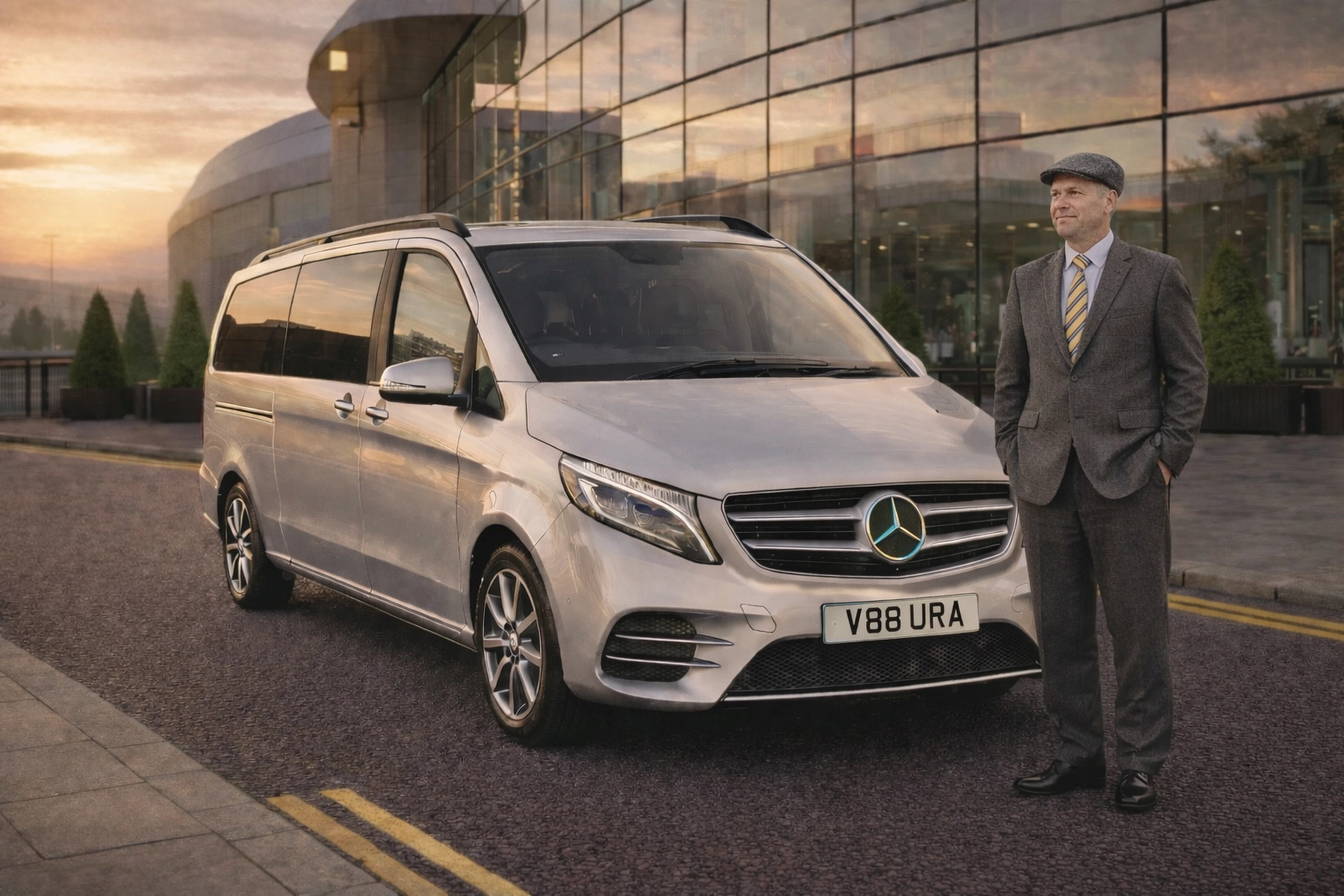 Mercedes-Benz V-Class W447 executive pick-up scene outside the Scottish Event Campus (SEC) in Glasgow, all doors closed, chauffeur in grey tweed with flat cap and Aura Journeys tie, V88URA plates.