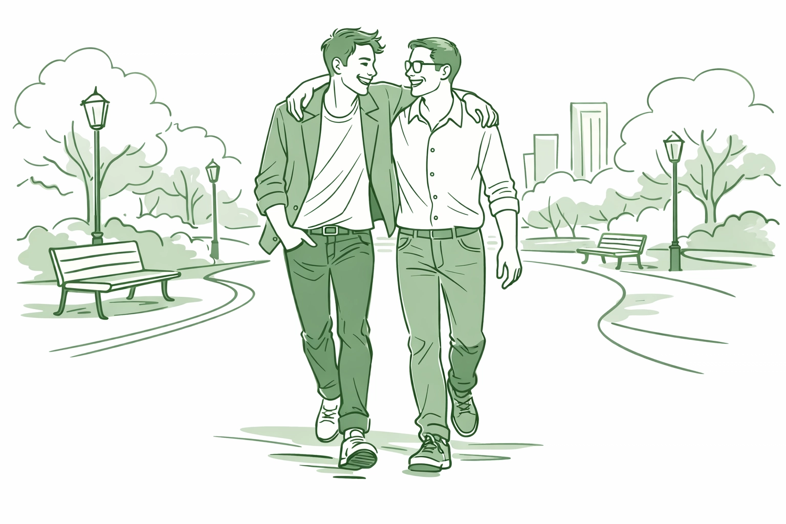 A happy gay couple walking in a park, symbolizing the euphoria and joy of living an authentic queer life.