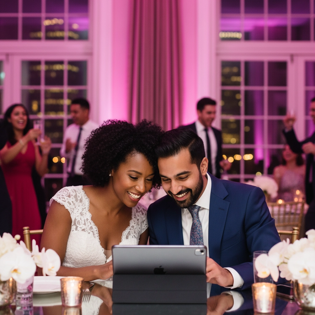 A smiling couple in formal attire looks at a tablet at a wedding reception. Guests celebrate in the pink-lit background. Orchids and candles on table.