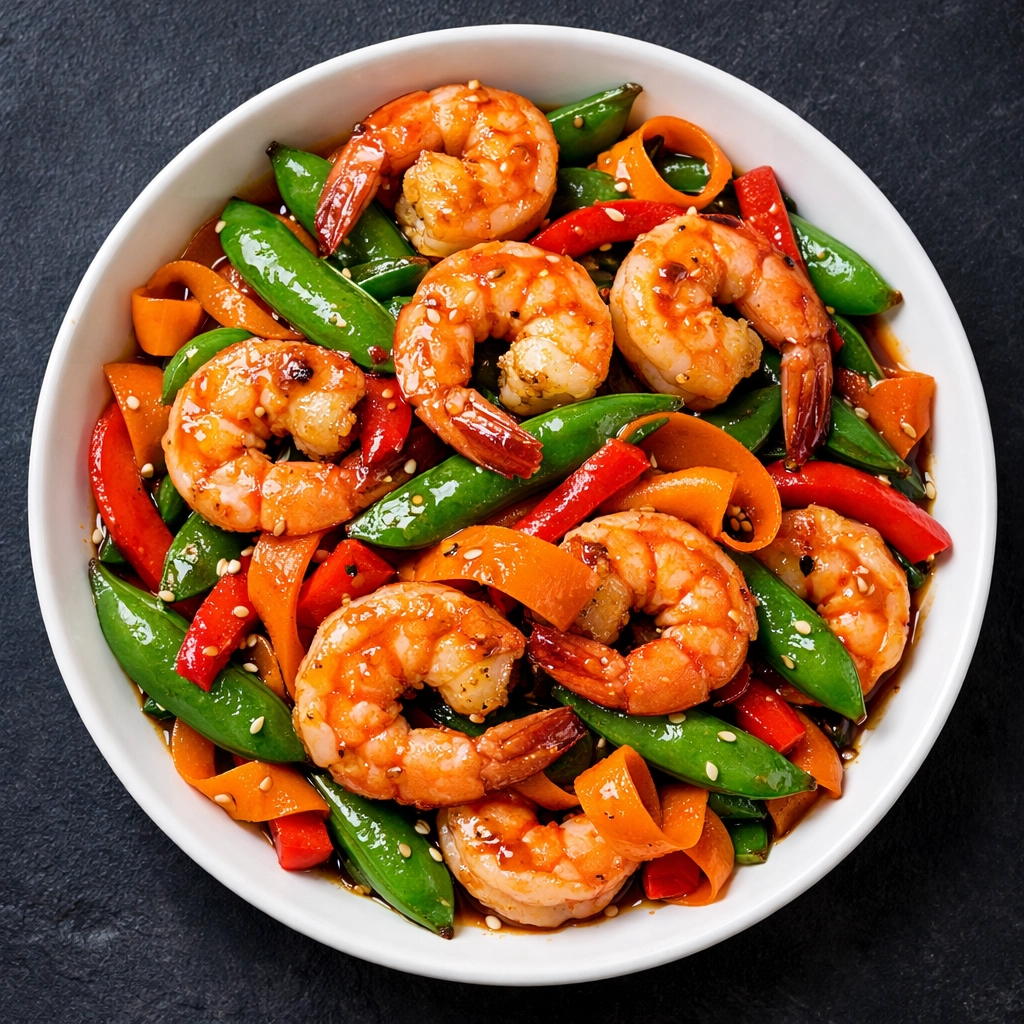 Shrimp stir-fry with fresh vegetables and teriyaki sauce, a simple easy weeknight dinner.