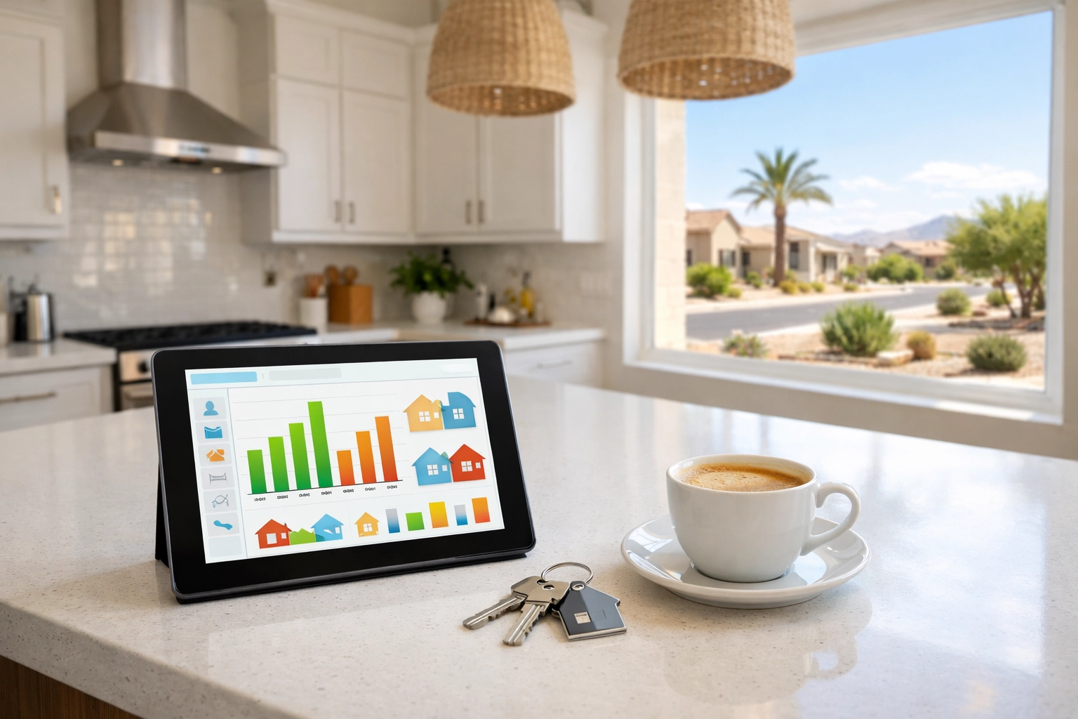 A tablet showing real estate market data on a kitchen counter in a Buckeye Arizona home. A tablet showing real estate market data on a kitchen counter in a Buckeye Arizona home.