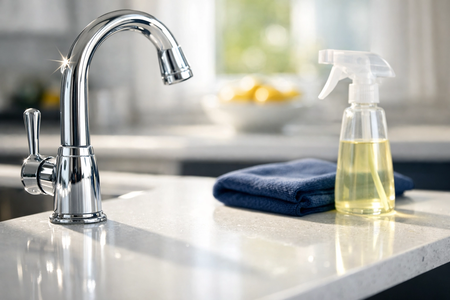 Meticulous deep cleaning Leominster MA of a modern kitchen with sparkling quartz countertops.