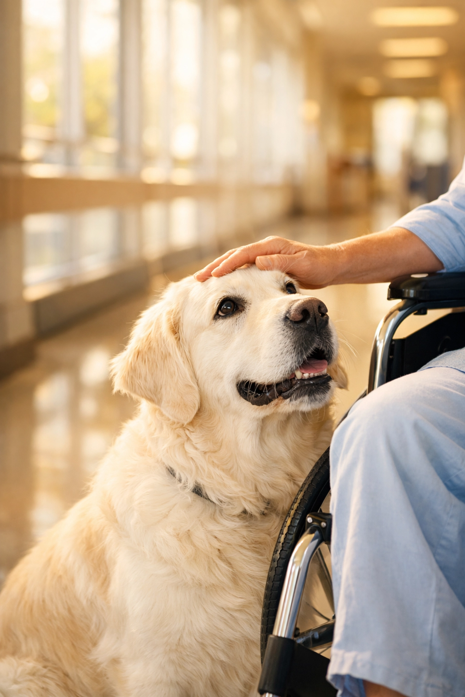 English Cream Golden Retriever therapy dog providing comfort to patient in hospital corridor