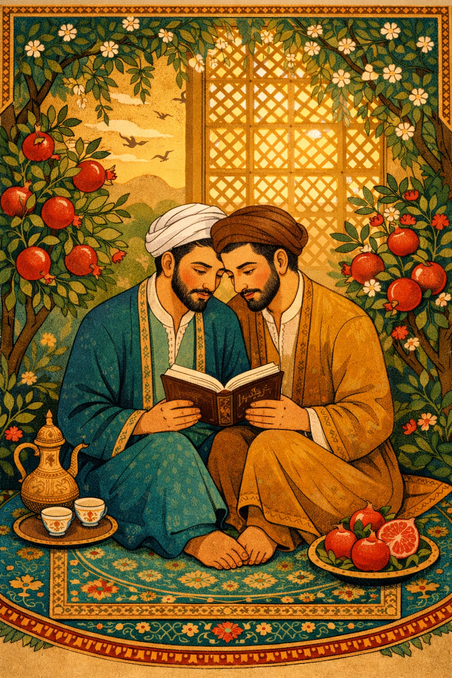 Persian style illustration of two men sharing poetry in a secret garden, symbolizing historical queer connection.