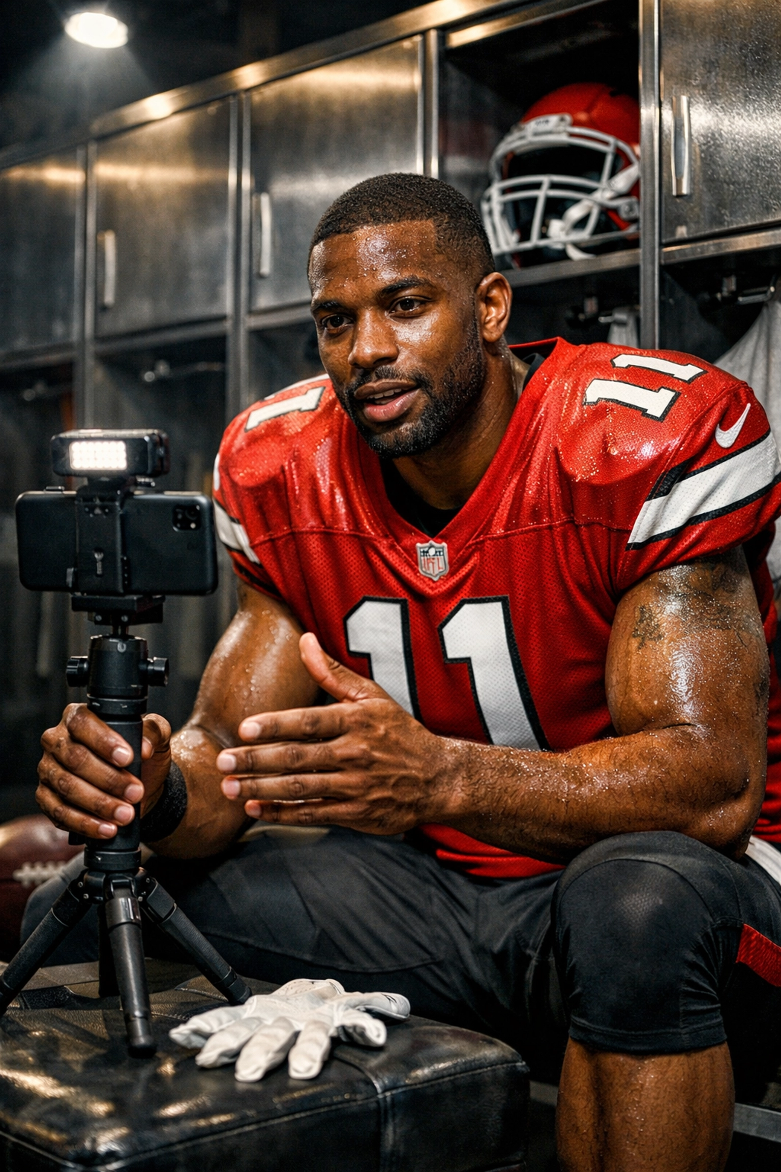 Professional football athlete creating video content in a locker room for an NIL marketing campaign.