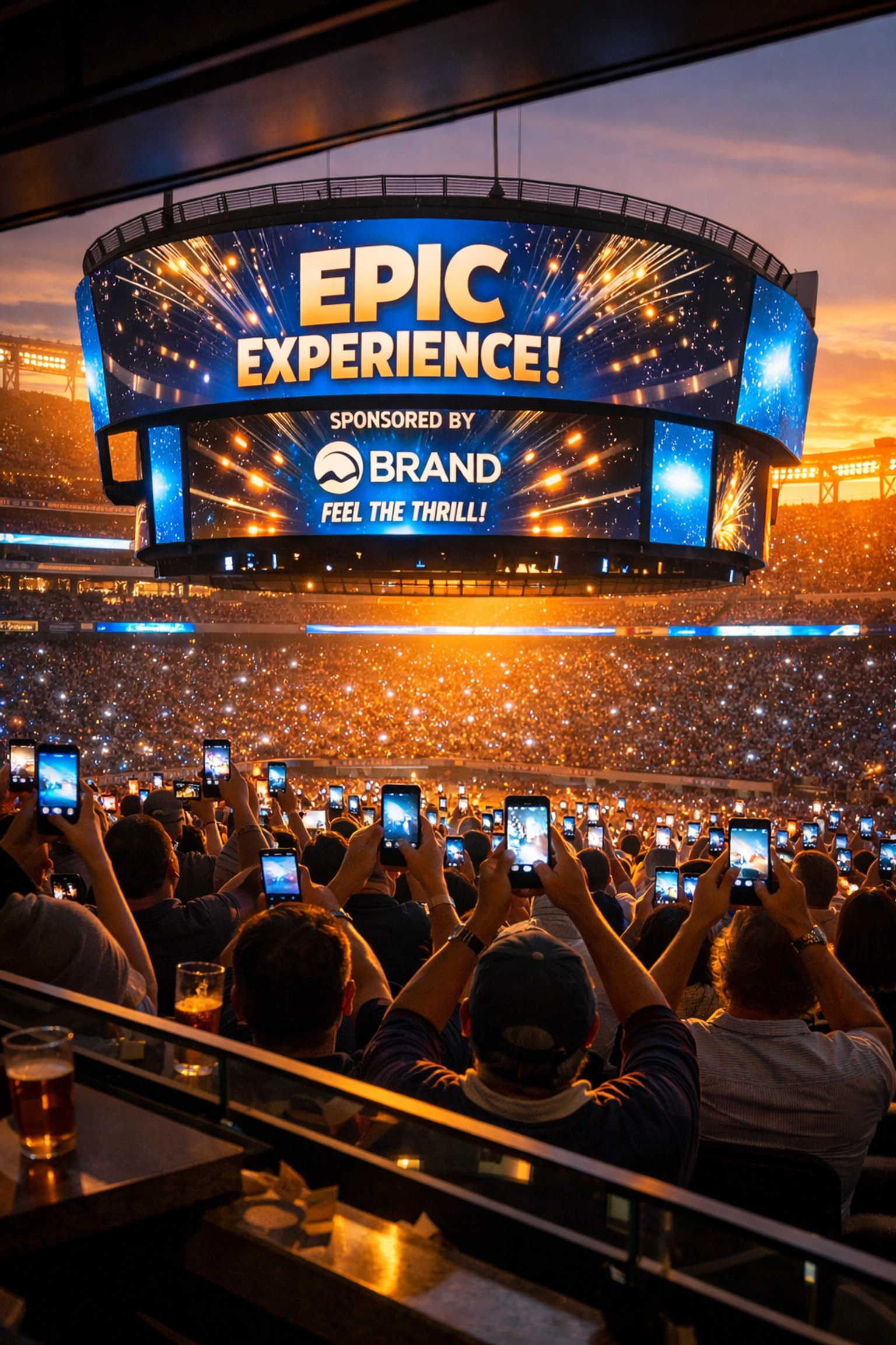 Sports fans sharing stadium jumbotron content on smartphones during brand activation moment