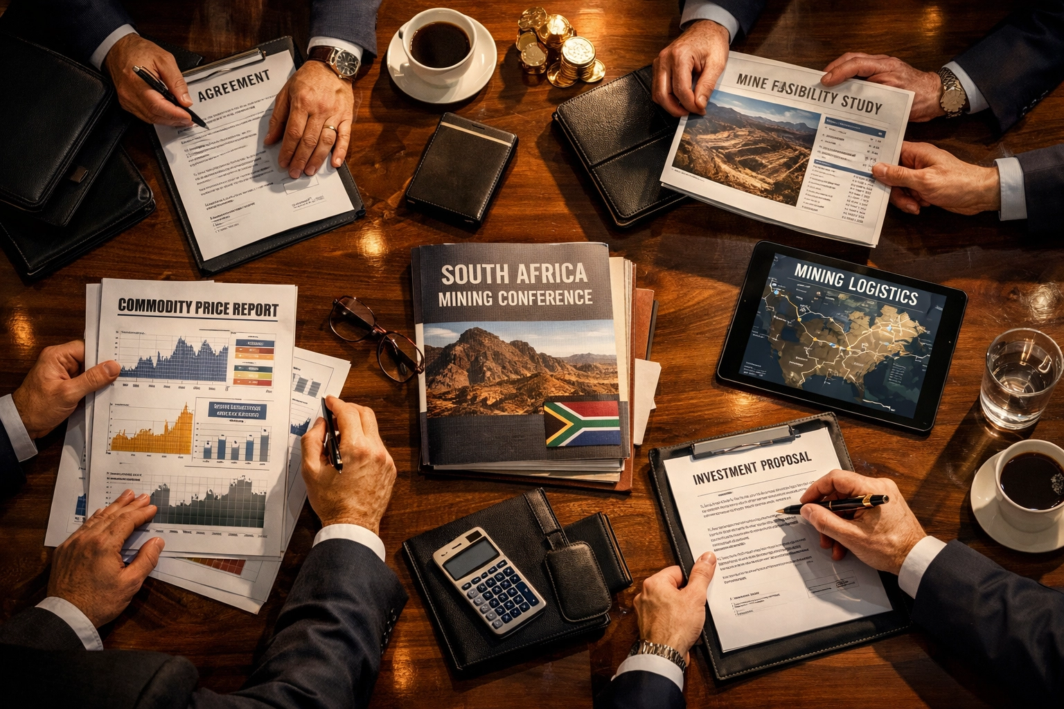 Business executives negotiating commodity deals and mining agreements at boardroom table
