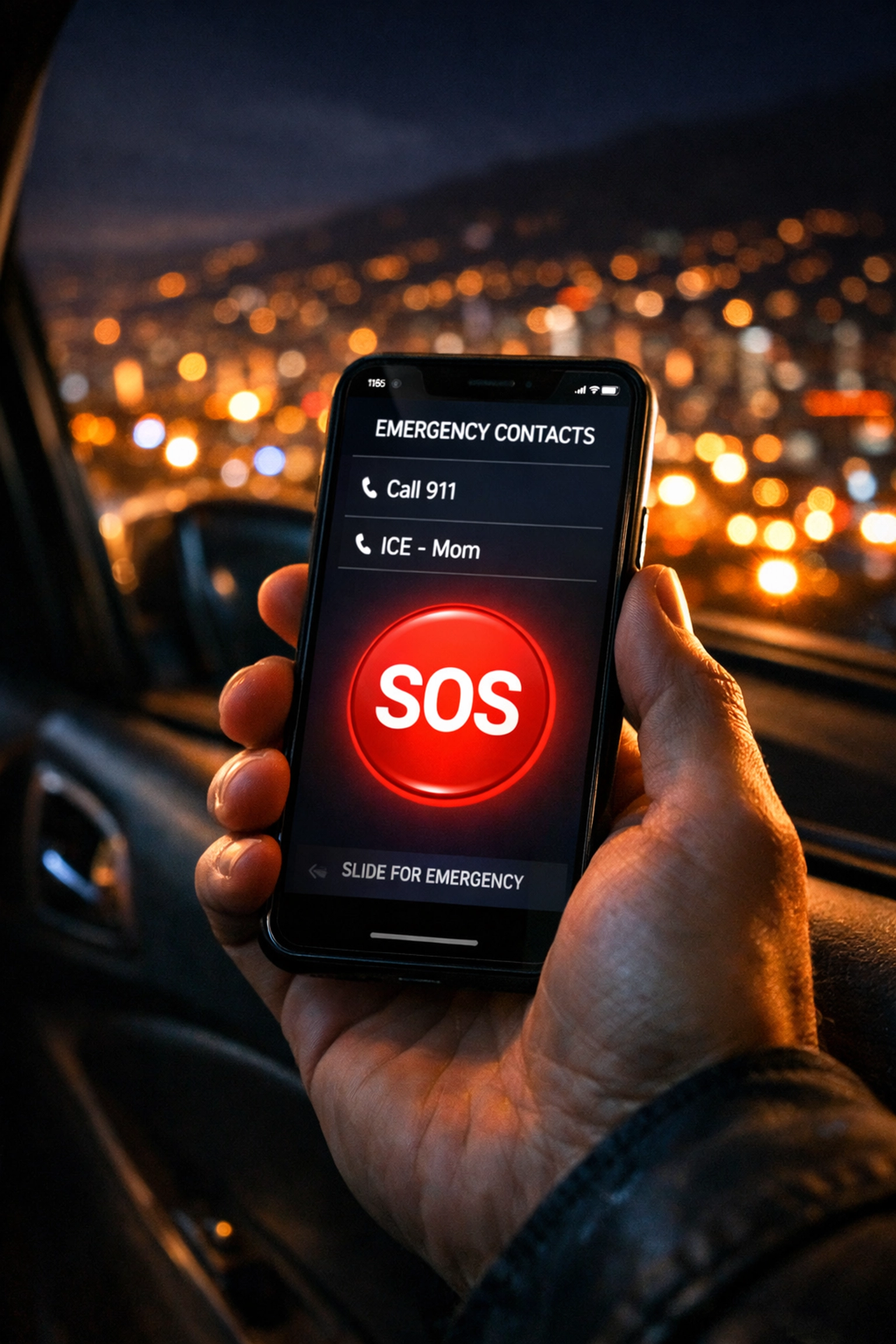 Emergency SOS contact screen for 24/7 crisis response and security support in Medellin