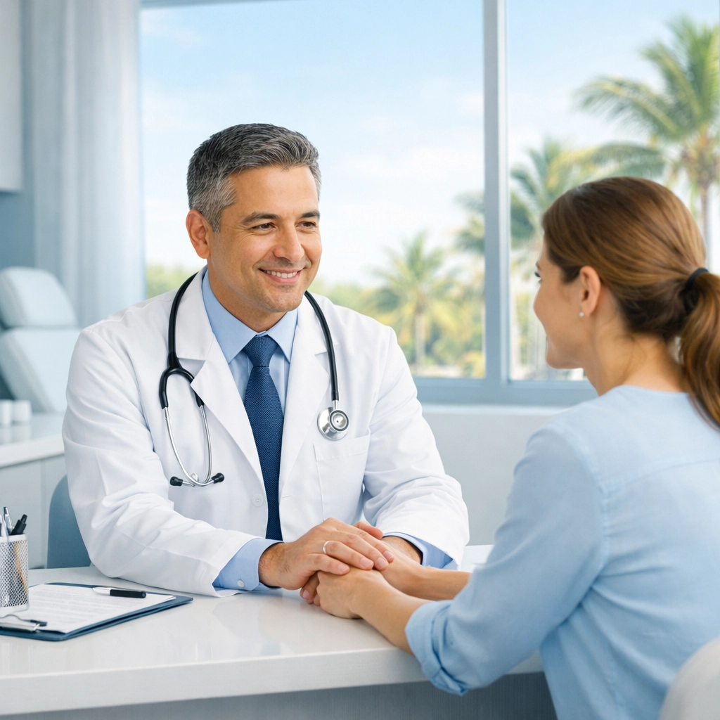 Doctor brindando asesoría sobre el seguro de salud local en una clínica moderna de República Dominicana.