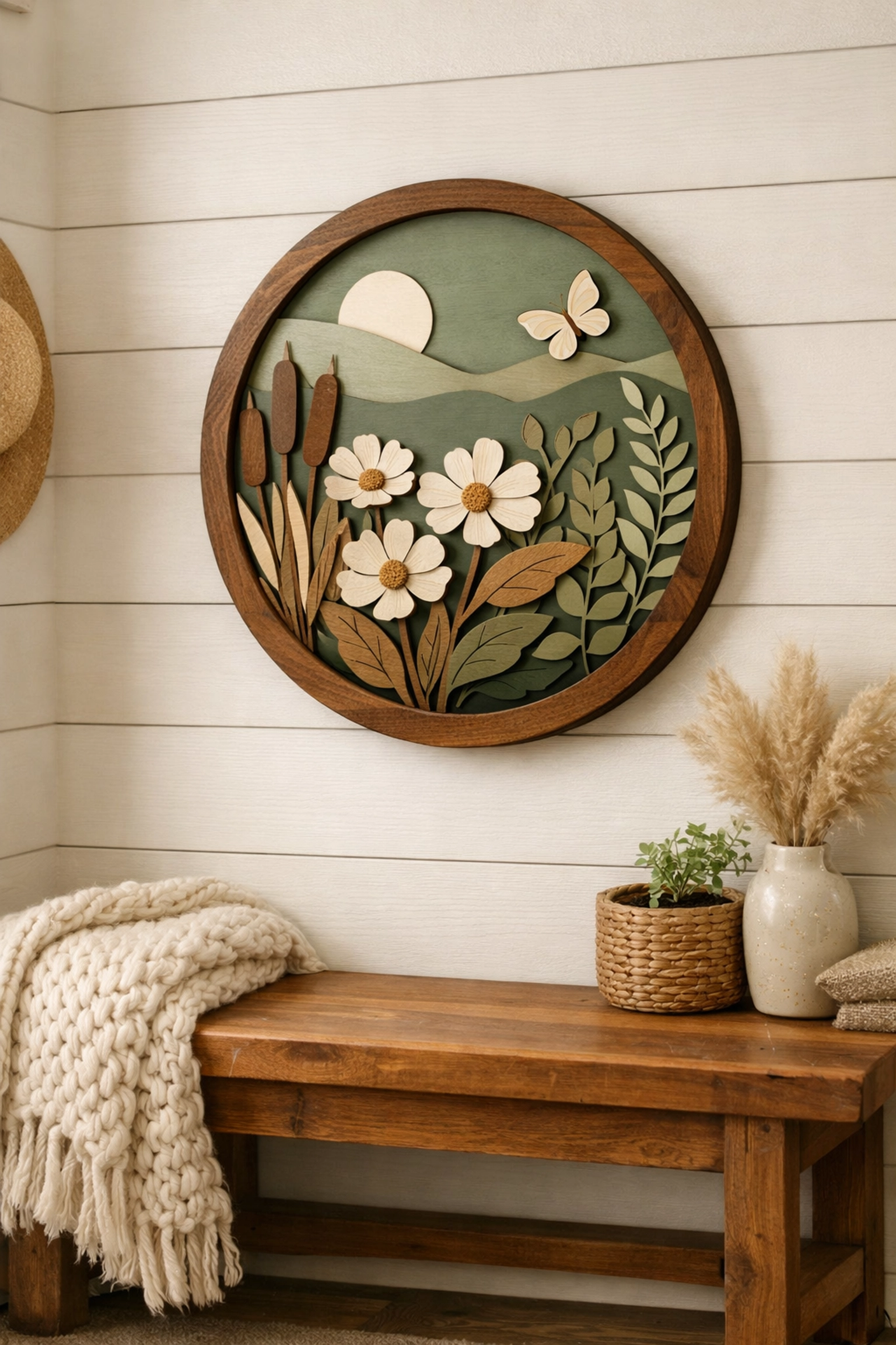 Artisan-made circular wood wall art hanging in a cozy entryway with a shiplap background.