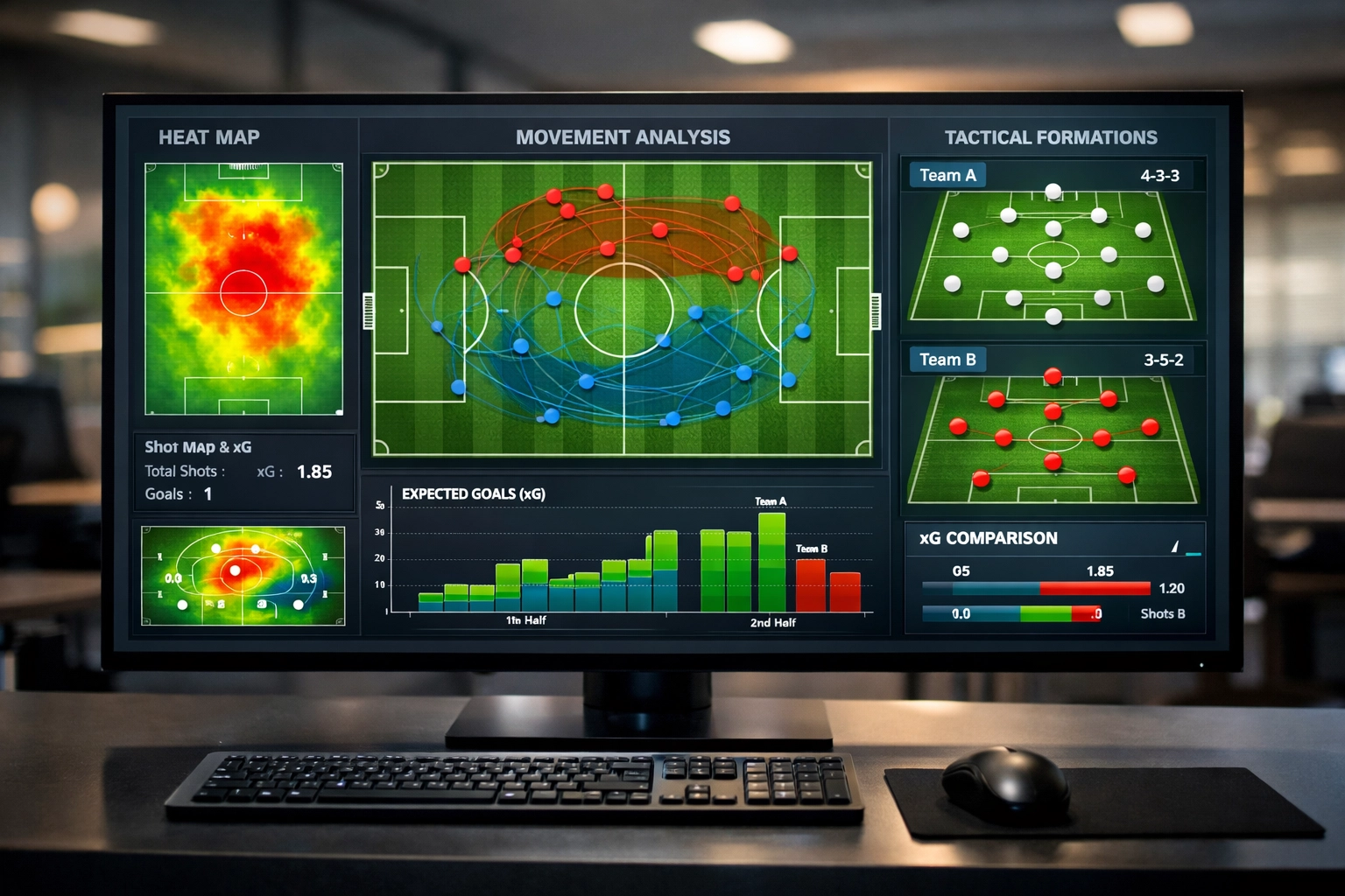 Fußball-Analyse Dashboard mit xG-Statistiken, Heat Maps und taktischen Formationen