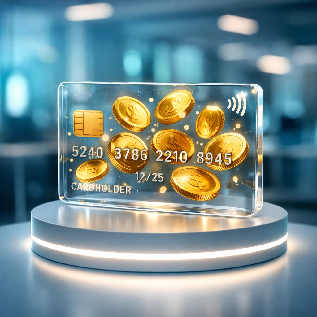 A translucent credit card with gold coins inside, illustrating how a secured card helps build credit.