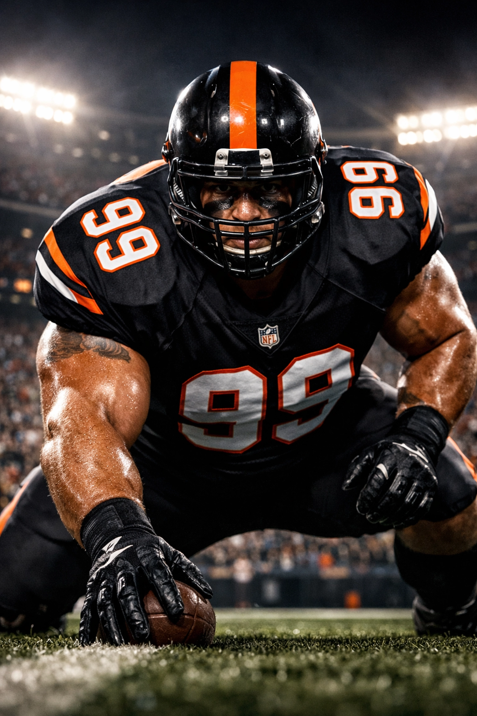 College football defensive lineman ready at line of scrimmage in Power Four stadium