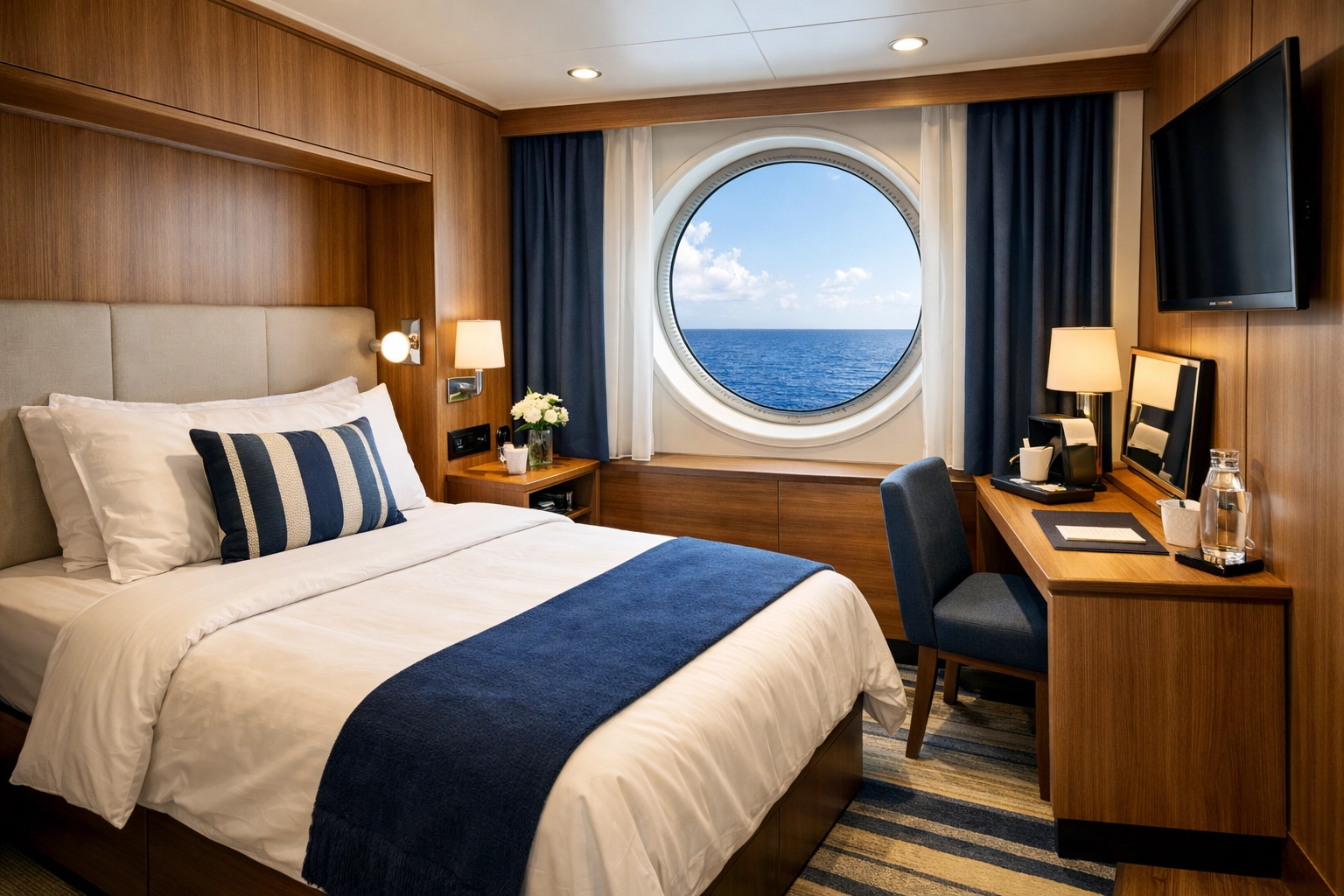 Modern solo cabin interior on Virgin Voyages cruise with ocean view porthole