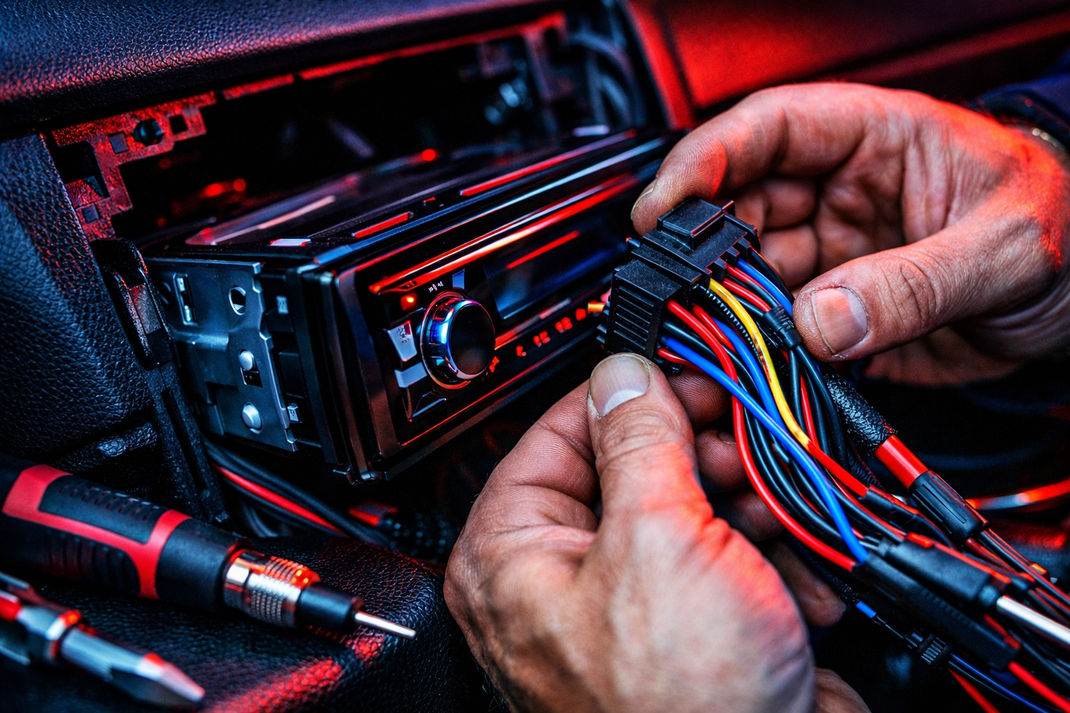Technician installing car radio head unit during professional radio repair in Chattanooga
