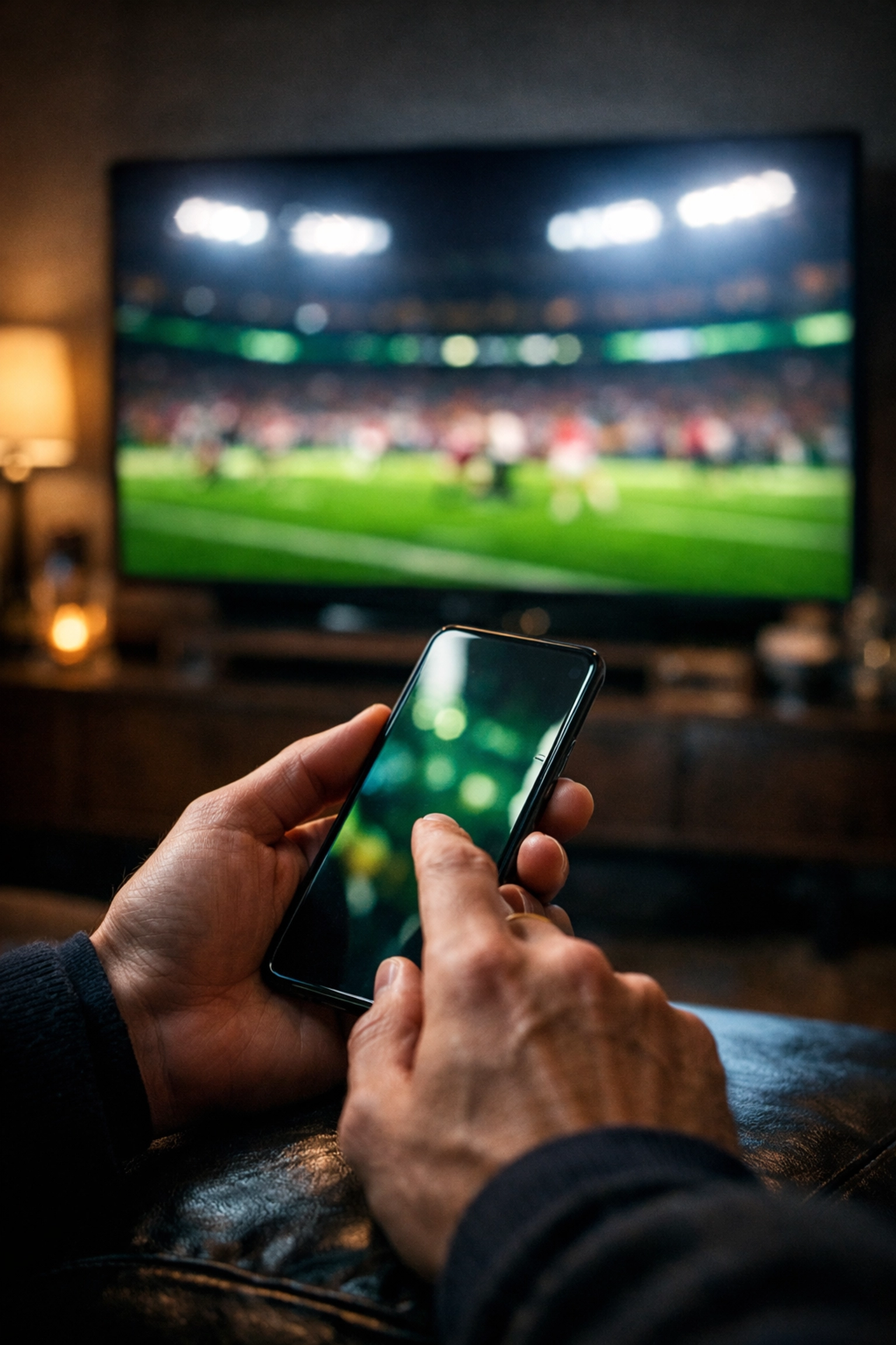 Modern viewer using a mobile phone to engage with Super Bowl 2026 content during the live broadcast.