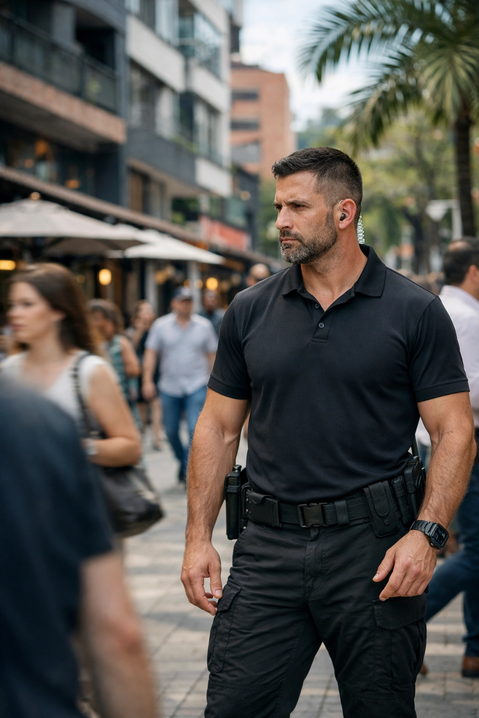 Close protection bodyguard providing situational awareness in Poblado Medellin street scene