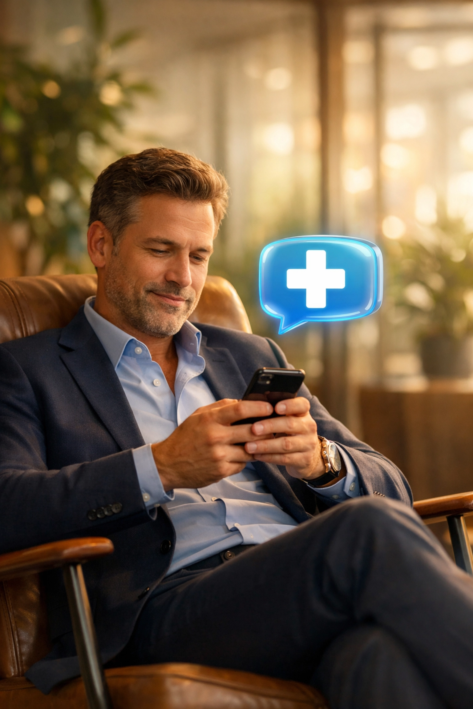 A man using secure online medical chat on a smartphone for a 24/7 doctor consultation in a private office.