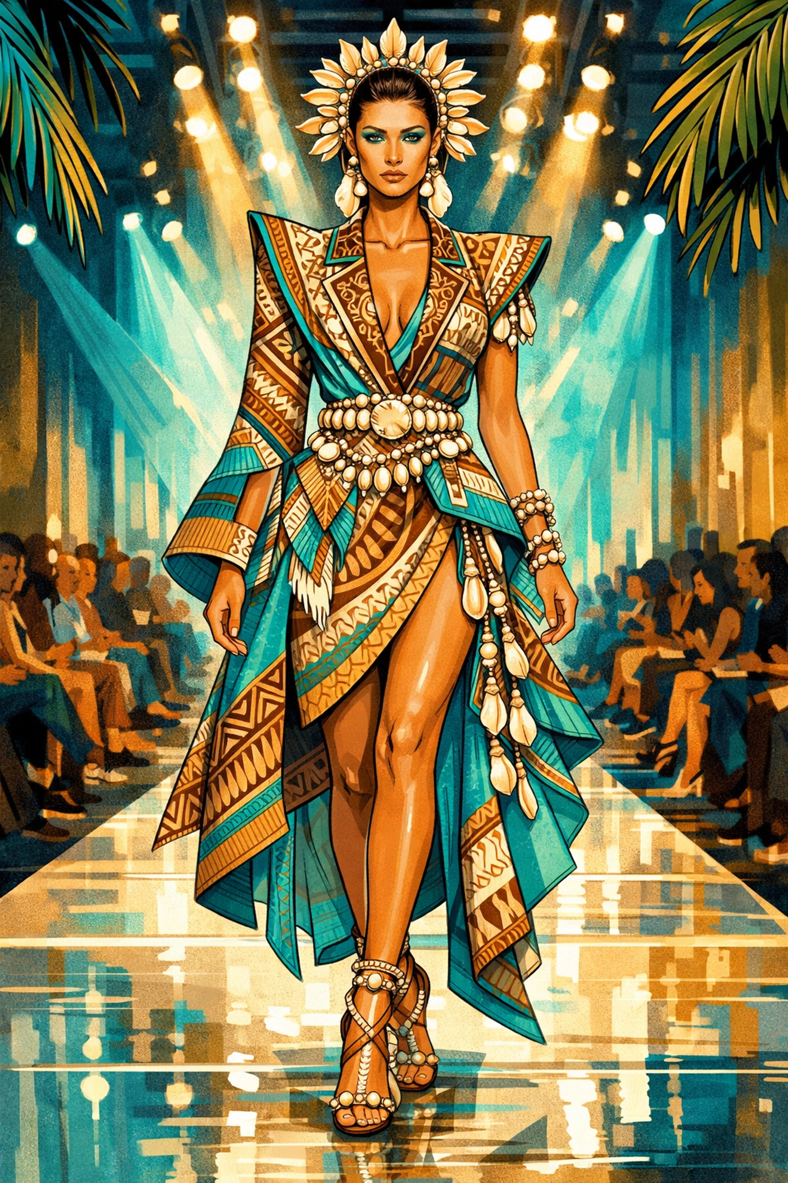 A model showcasing contemporary Polynesian fashion on the runway at the Las Vegas Pacific Fashion Show.