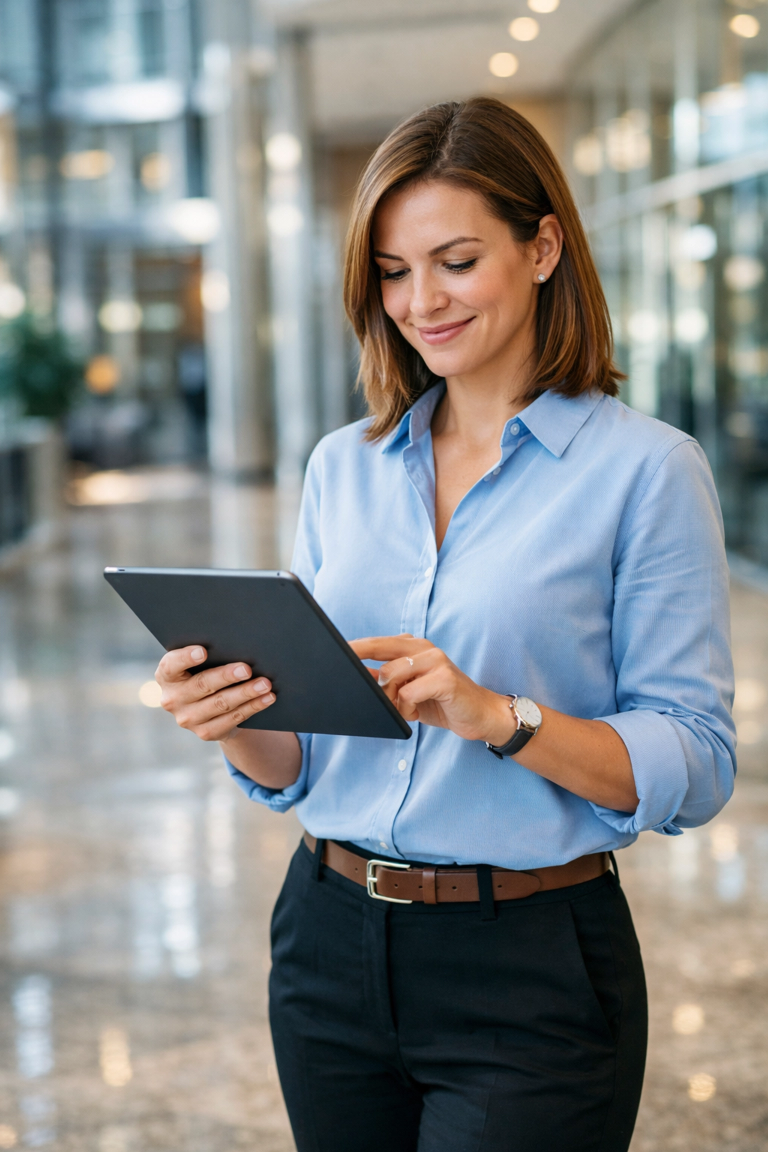 Property manager reviewing cleaning data on a tablet in a modern Simcoe County commercial lobby.