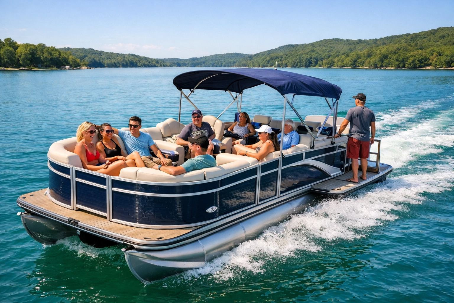 A group of friends enjoying a spacious pontoon boat rental with a bimini top on a clear blue lake.