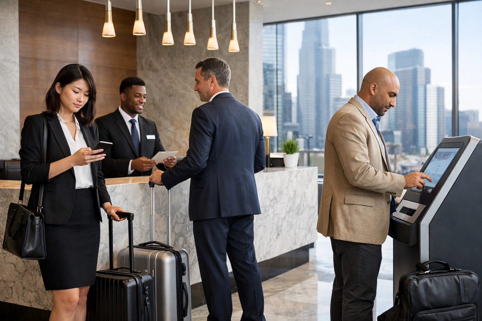Business travelers in modern hotel lobby representing global corporate bookings
