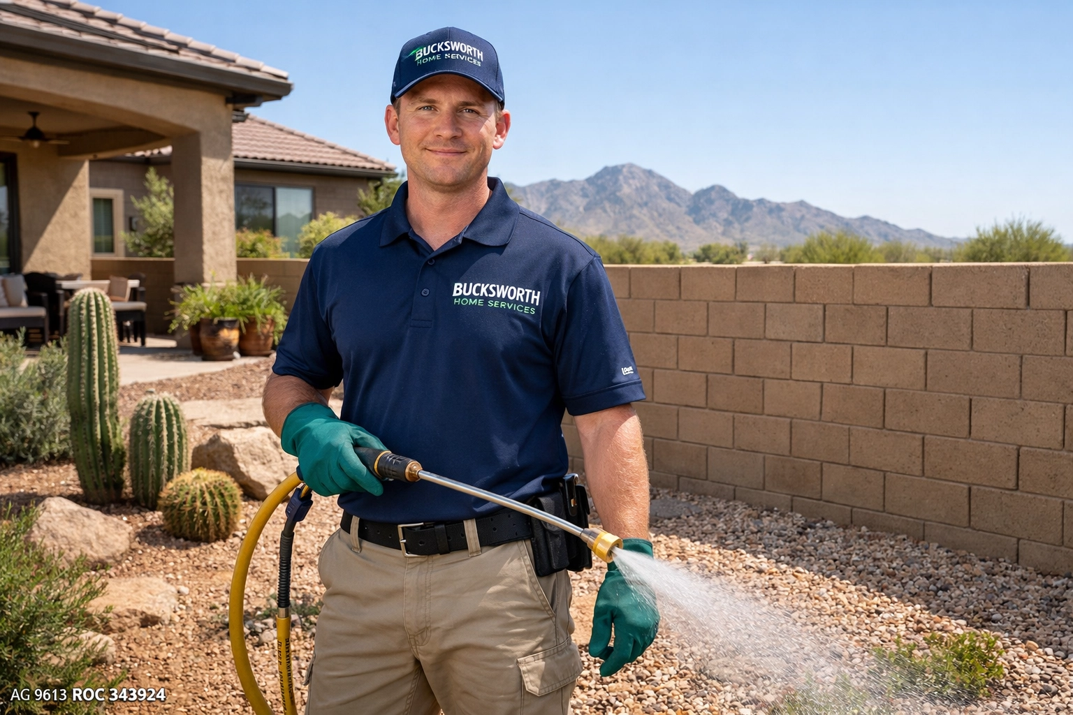 Bucksworth technician applying professional weed control to a desert-clean gravel yard in Verrado, Buckeye.