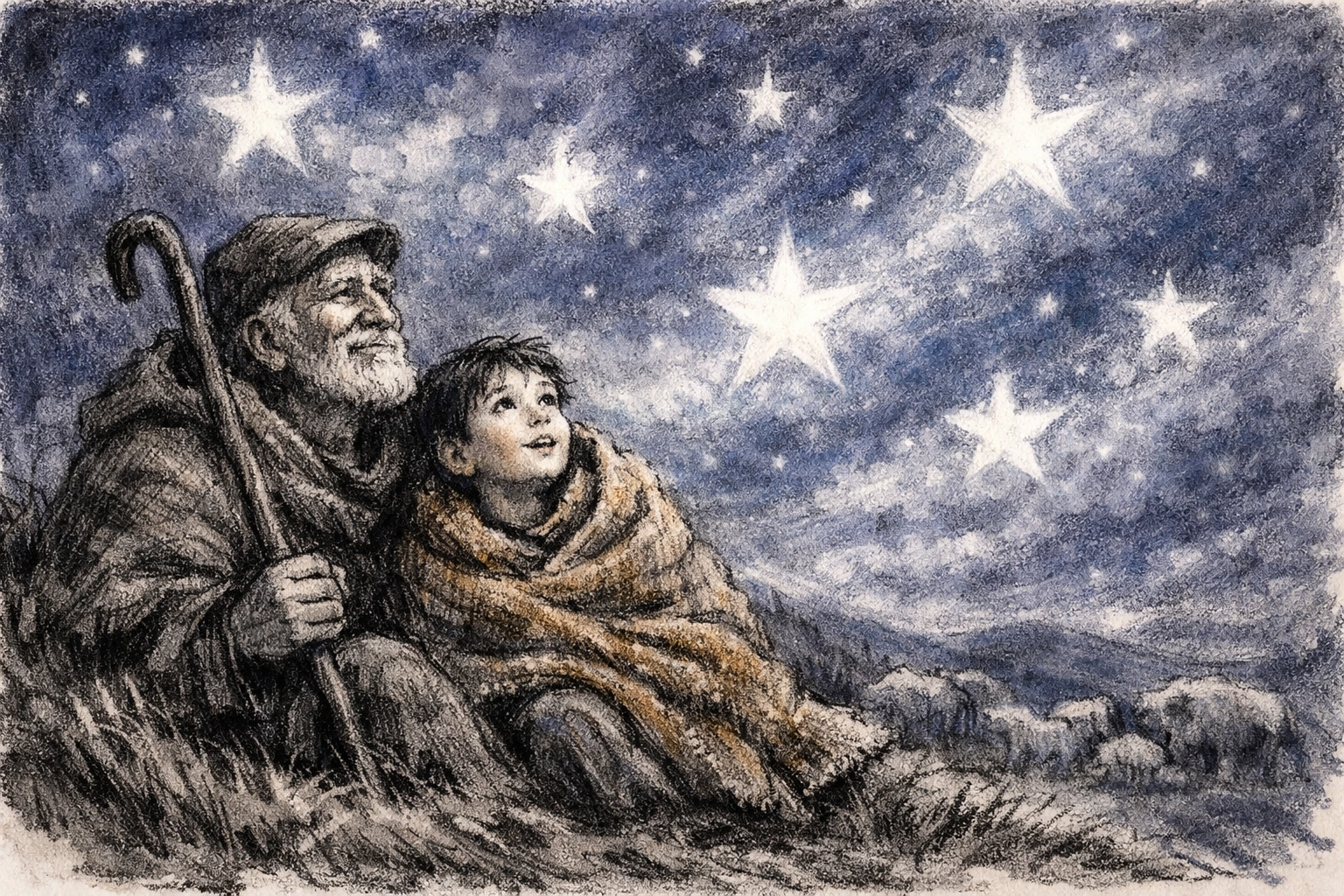 An old shepherd and child looking at stars, illustrating God’s faithfulness in Christian short stories.