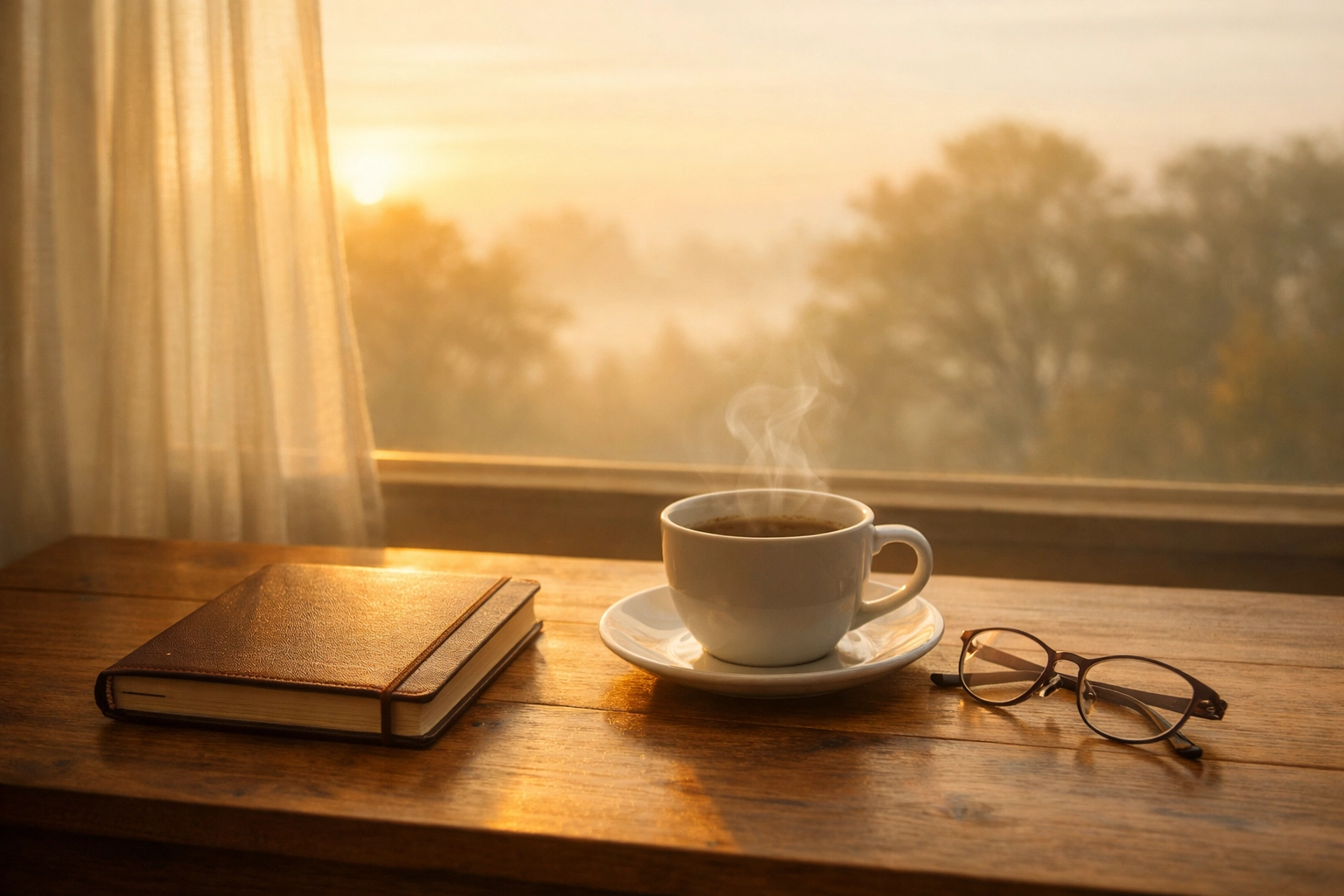 Morning peace routine with coffee and journal by sunrise window