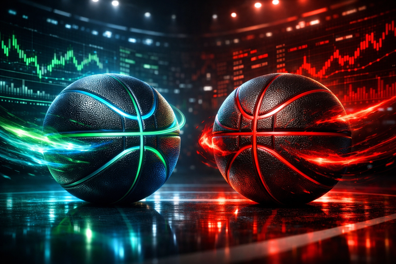 Glowing basketballs representing Timberwolves and Trail Blazers on a court with digital betting charts.