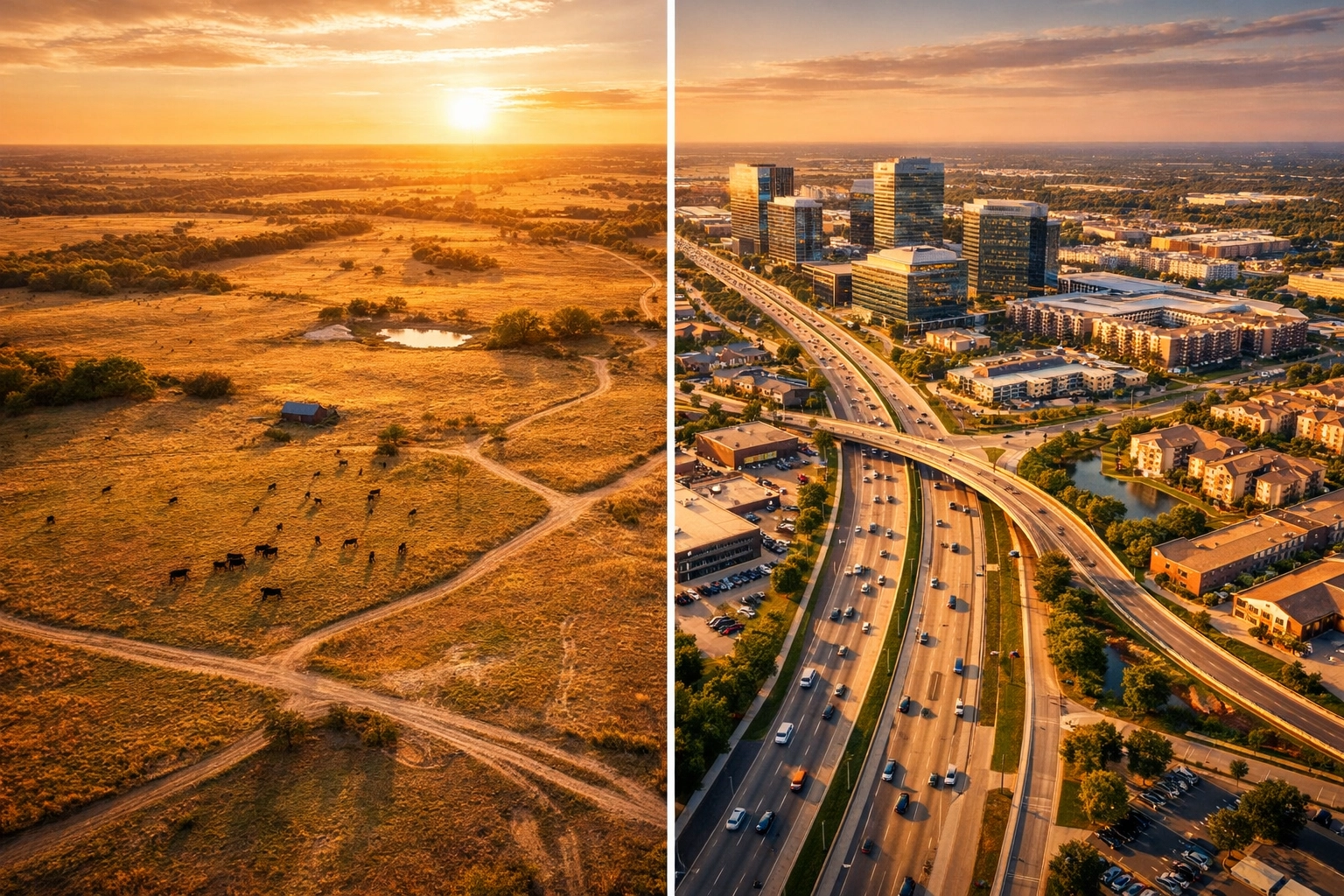 Texas farmland transforming into urban development showing land value growth potential in North Texas