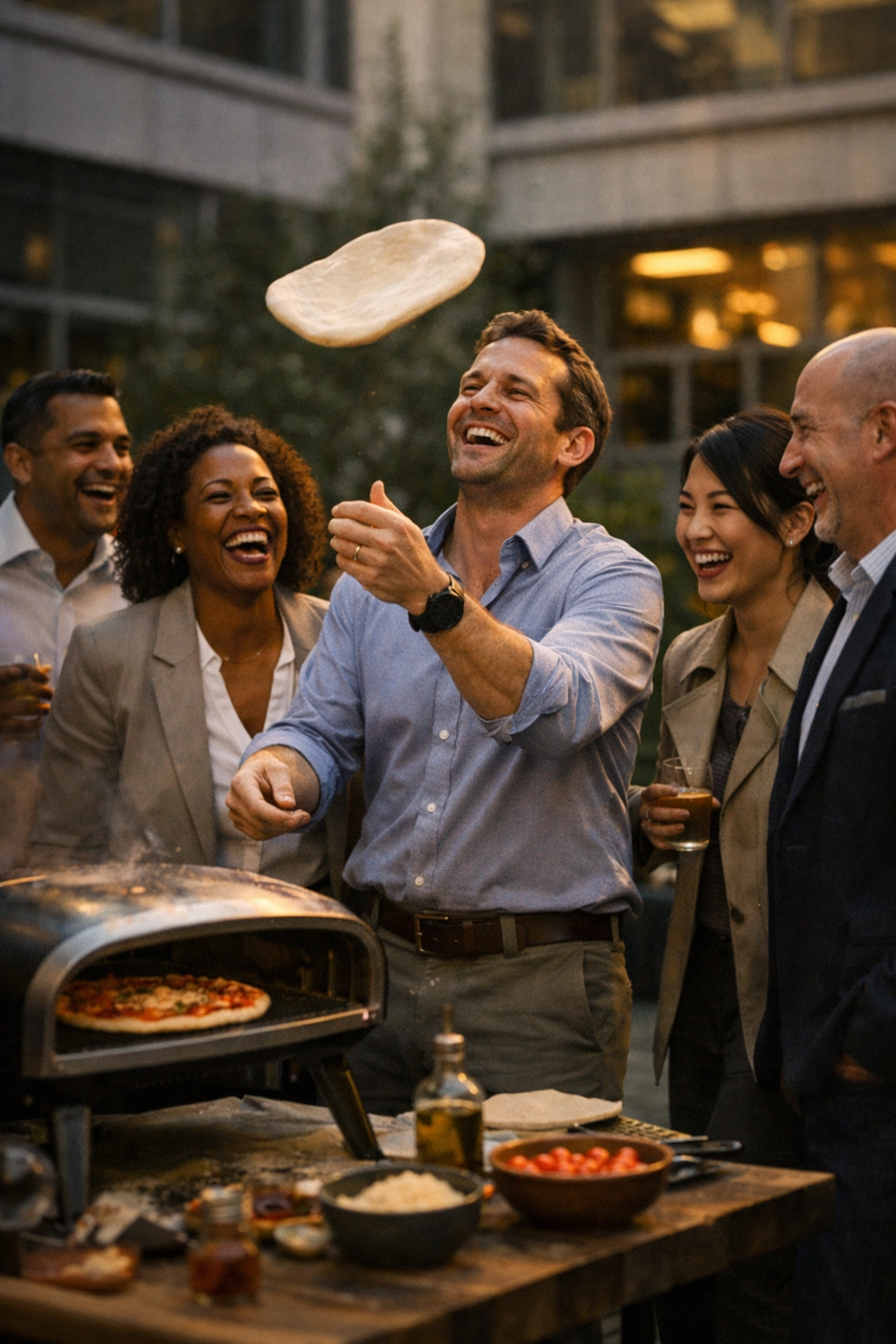 Business team building event with employees cooking pizzas together at corporate catering event