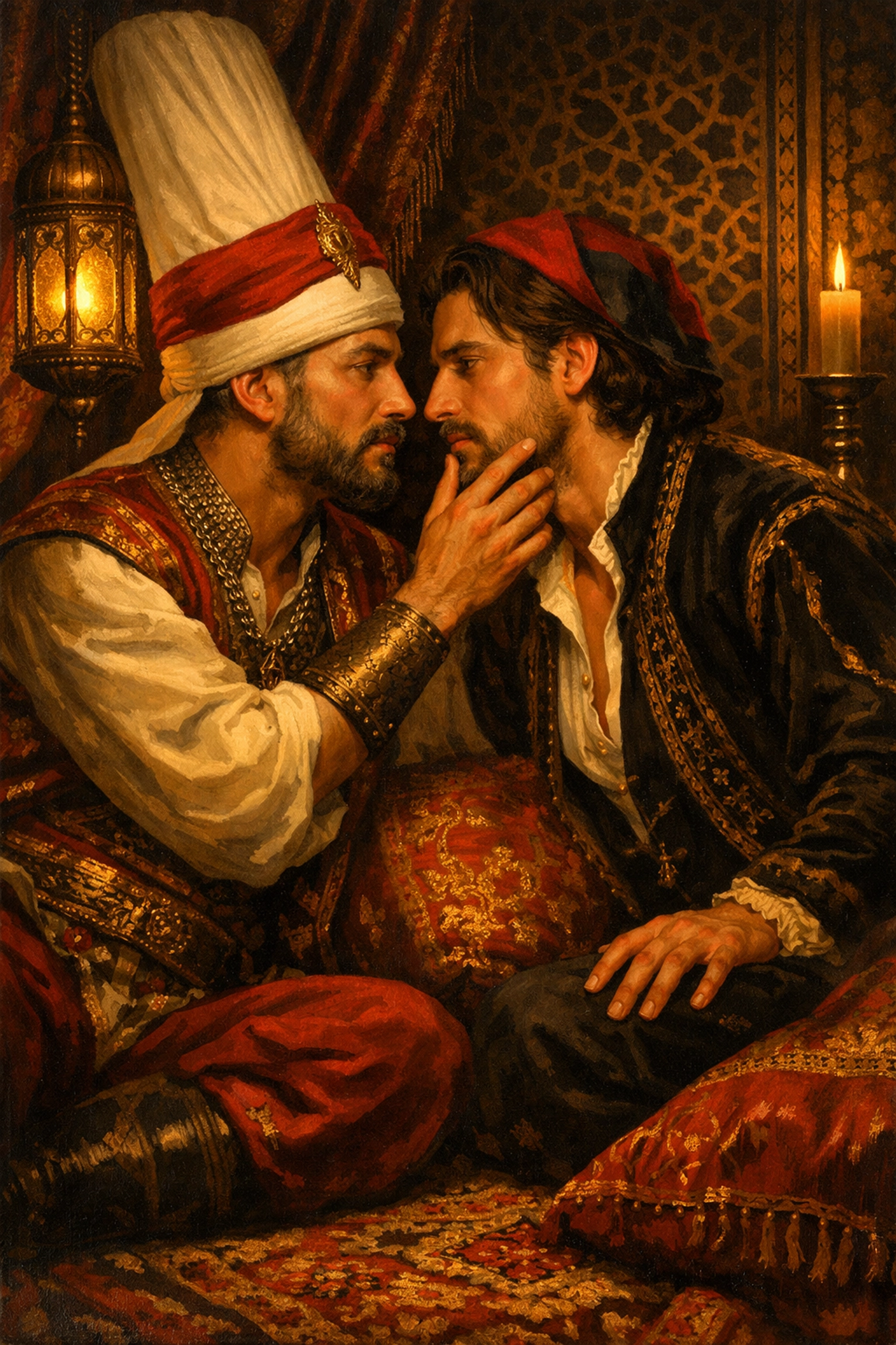 Intimate moment between two men in Ottoman chamber - historical MM romance scene