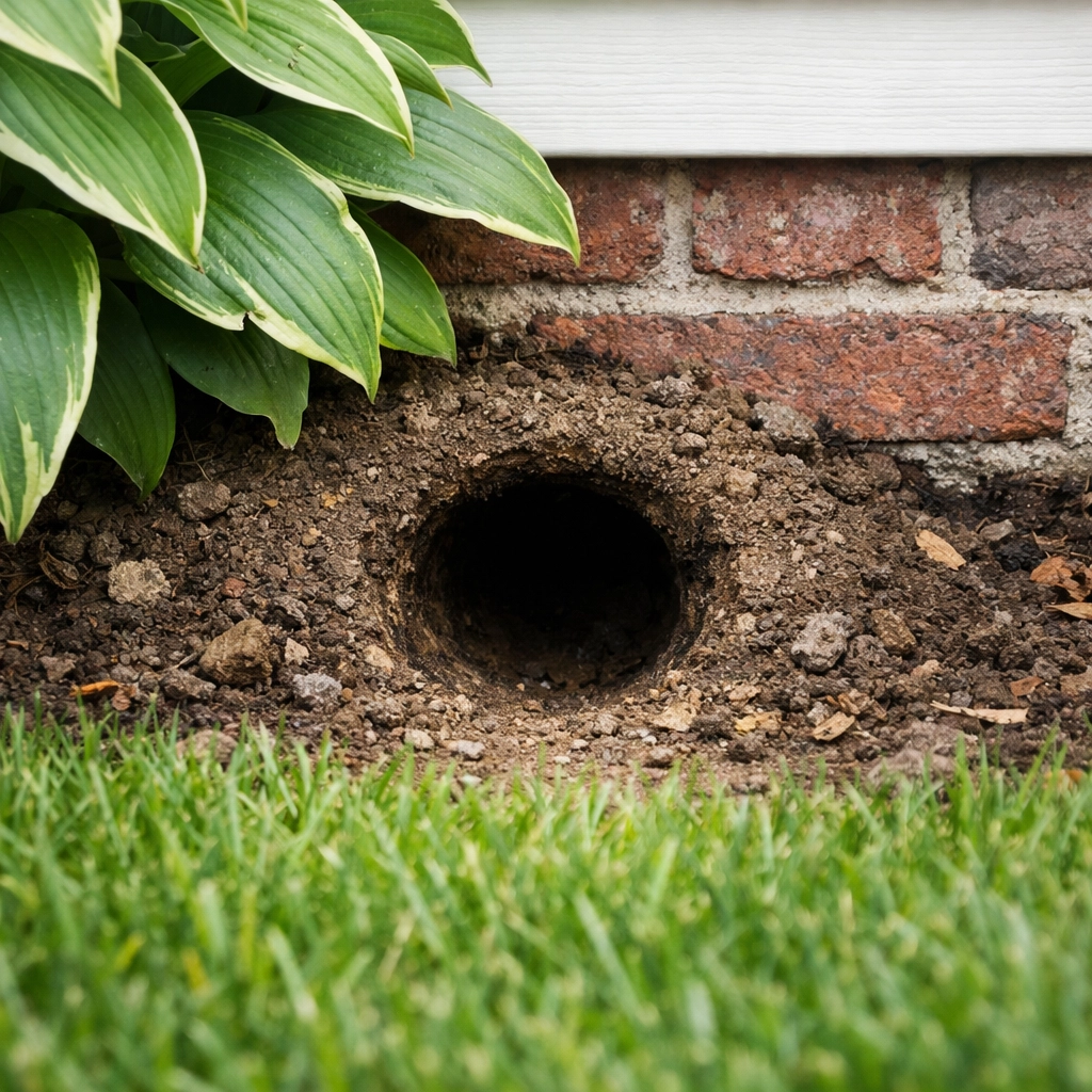 A Norway rat burrow hole next to a brick foundation in a suburban Yonkers backyard.