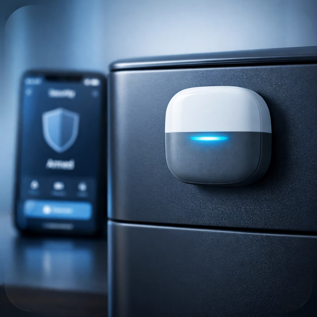 Smart sensor on home safe with smartphone security alert monitoring