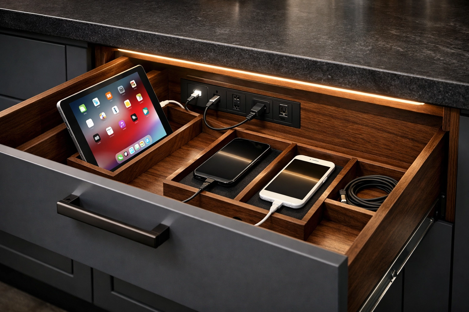 Integrated charging station in custom kitchen cabinets for a clutter-free smart home.
