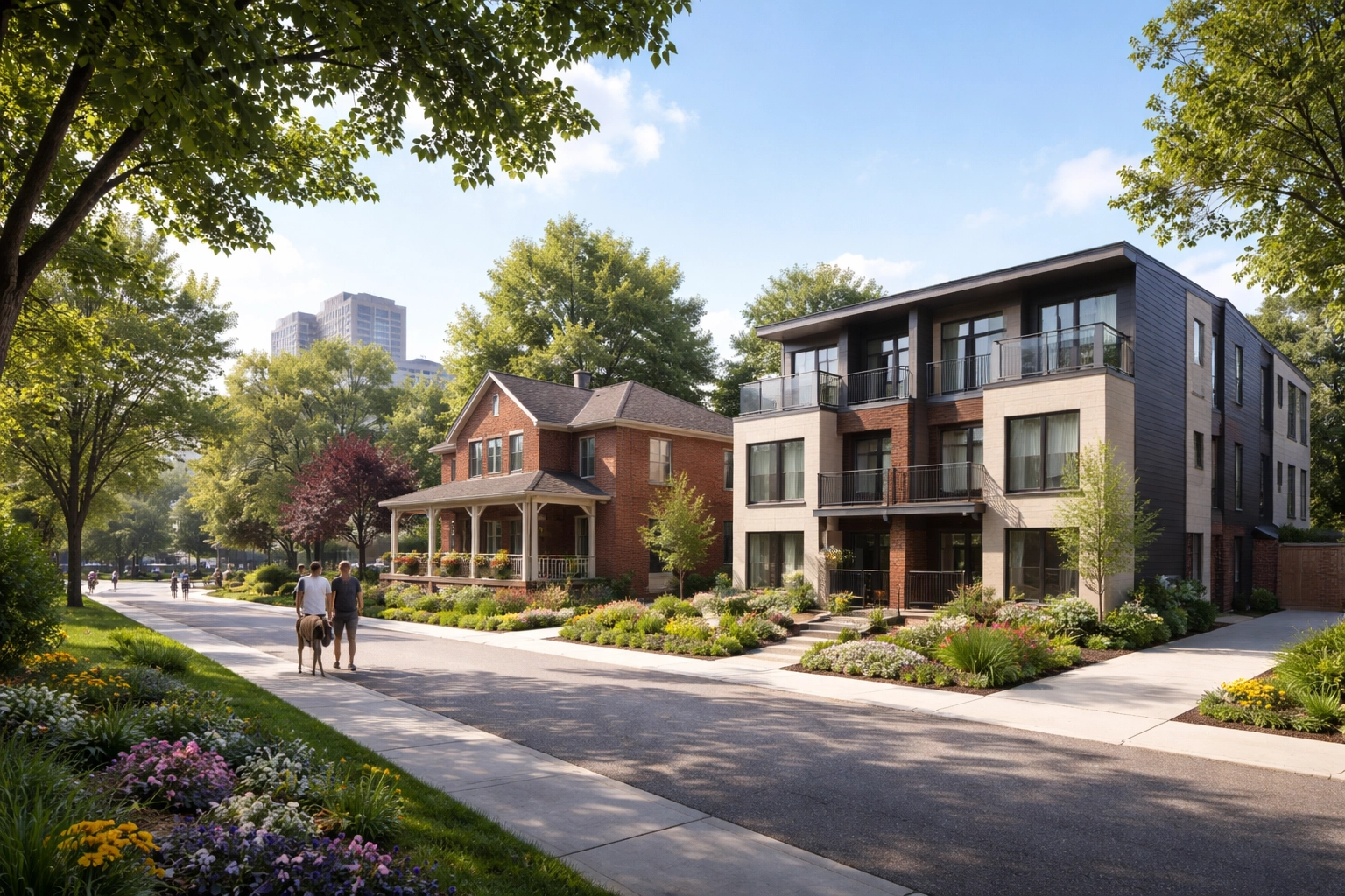 Waterloo neighbourhood street with both classic homes and a modern fourplex, showing local zoning changes and missing middle housing near the university.