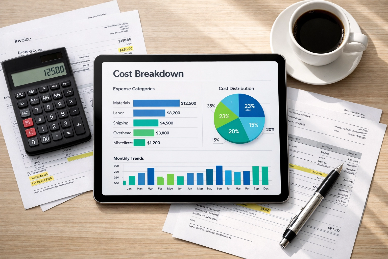 Shipping cost transparency dashboard with detailed freight pricing breakdown and invoices