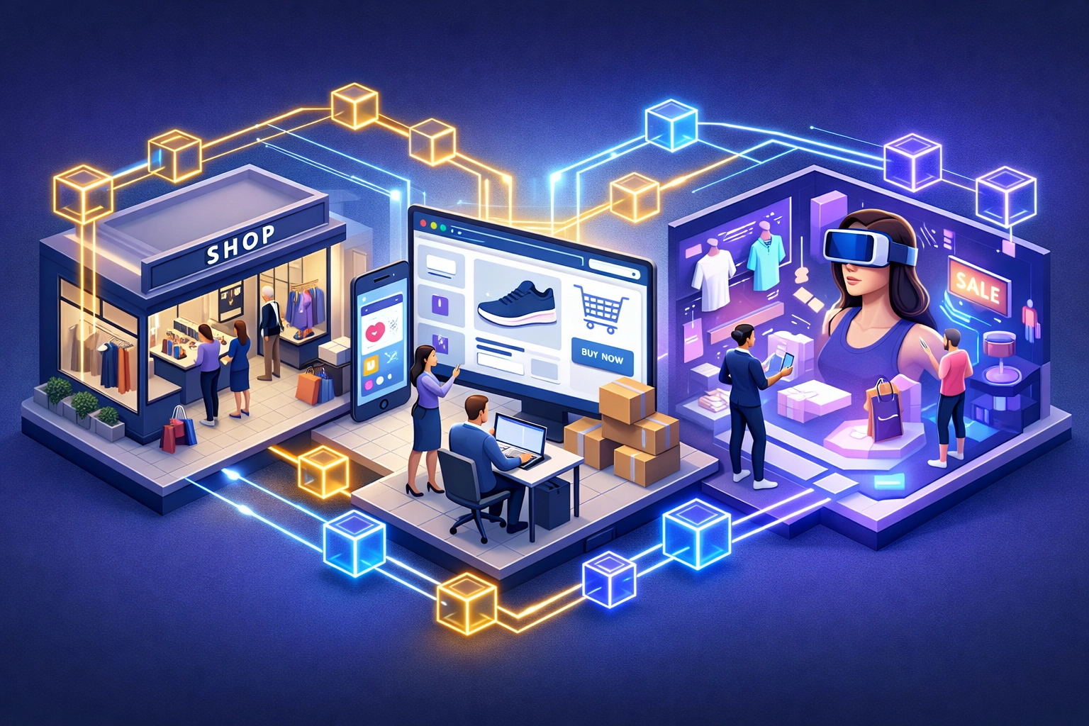 Multi-channel payment integration connecting physical retail, e-commerce, and metaverse shopping with blockchain