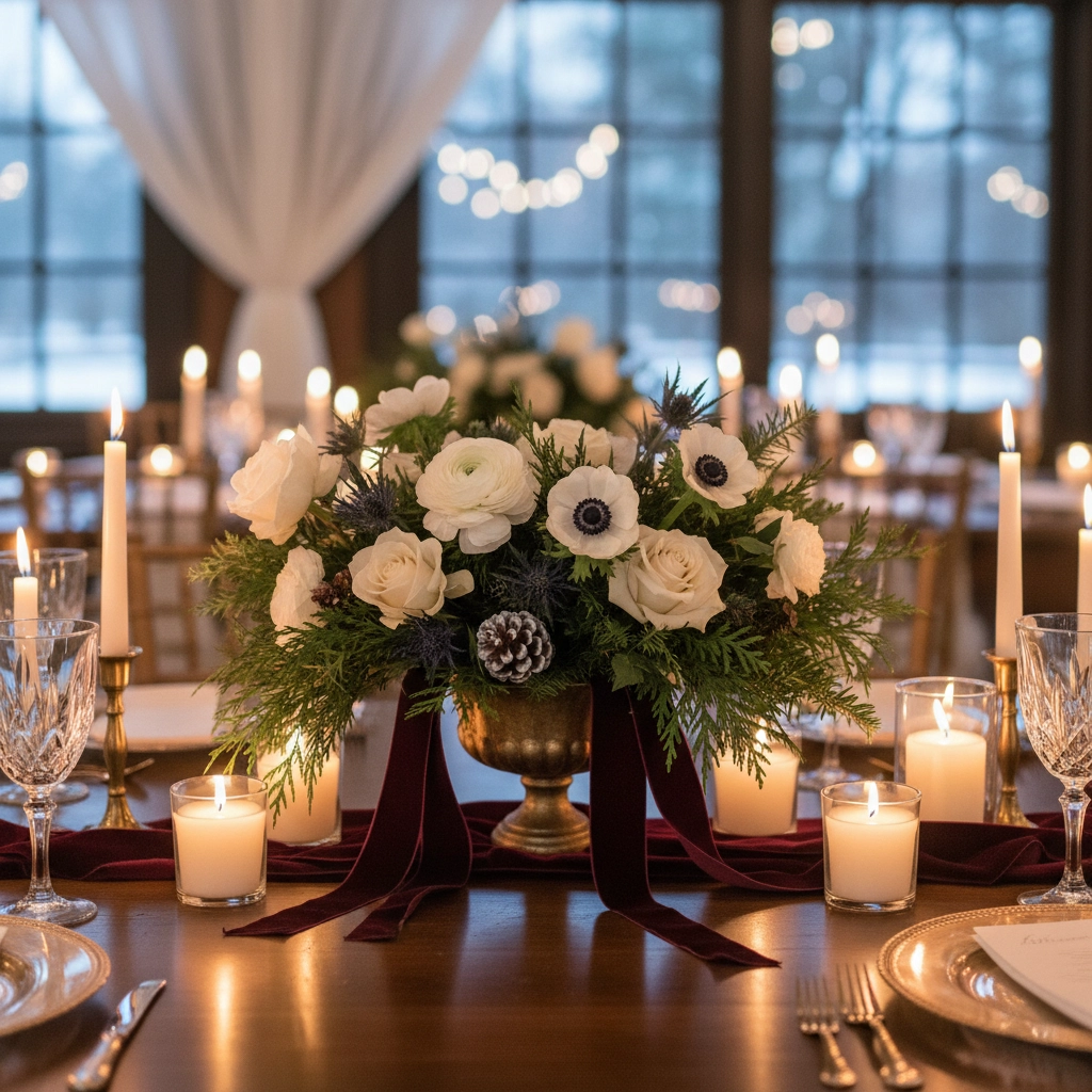Elegant table setting with white roses, candles, and greenery in a gold vase. Soft lighting and large windows create a cozy ambiance.