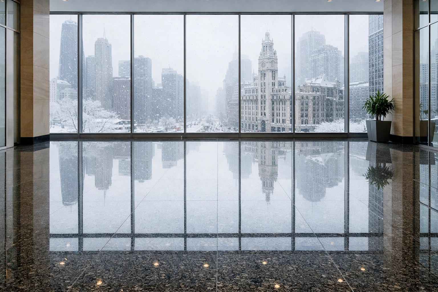 Polished lobby floor in a Chicago high-rise apartment showing professional salt removal during a Midwest winter.