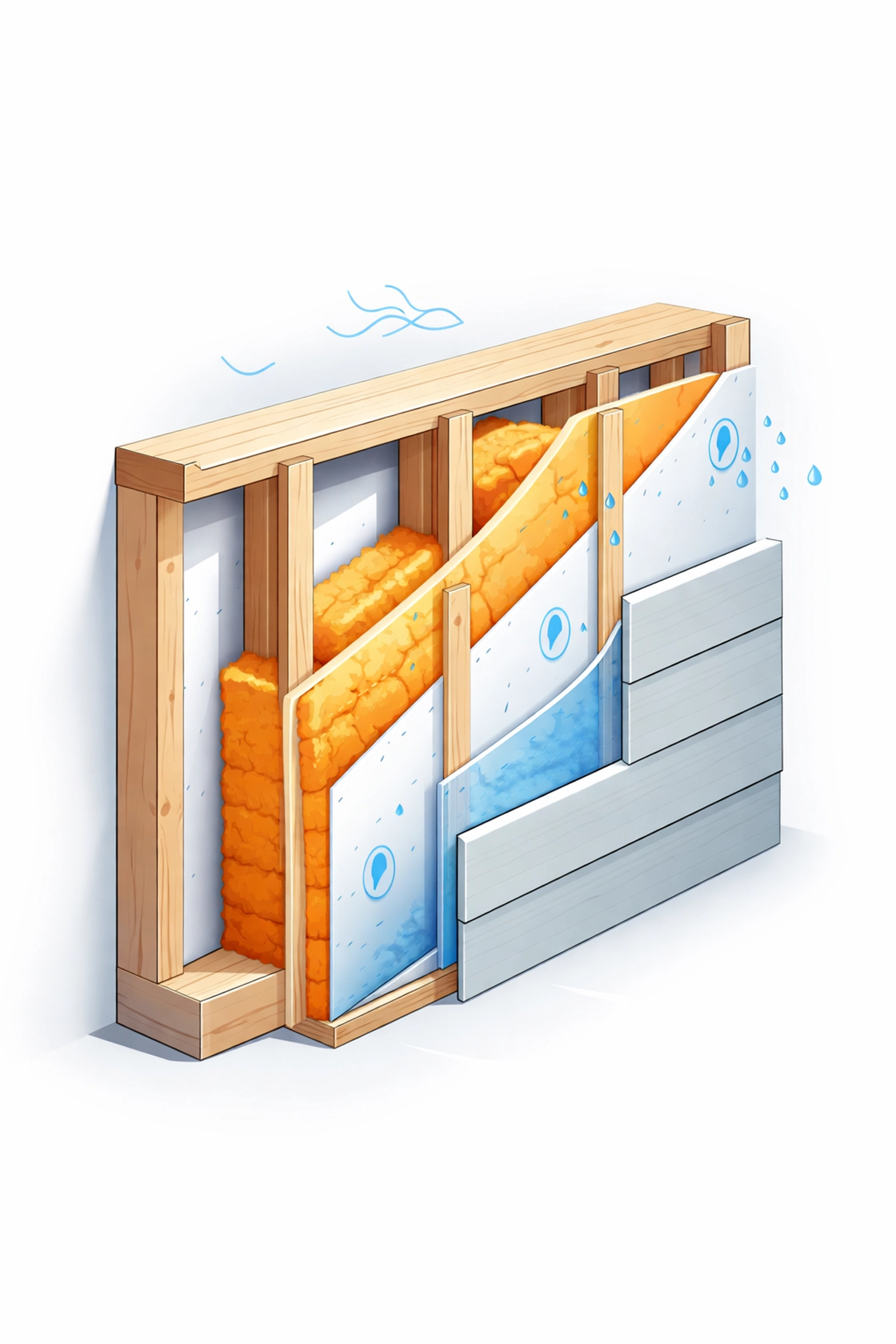 Cross-section illustration of a timber frame wall showing layers of insulation and moisture barriers for optimal home energy efficiency.