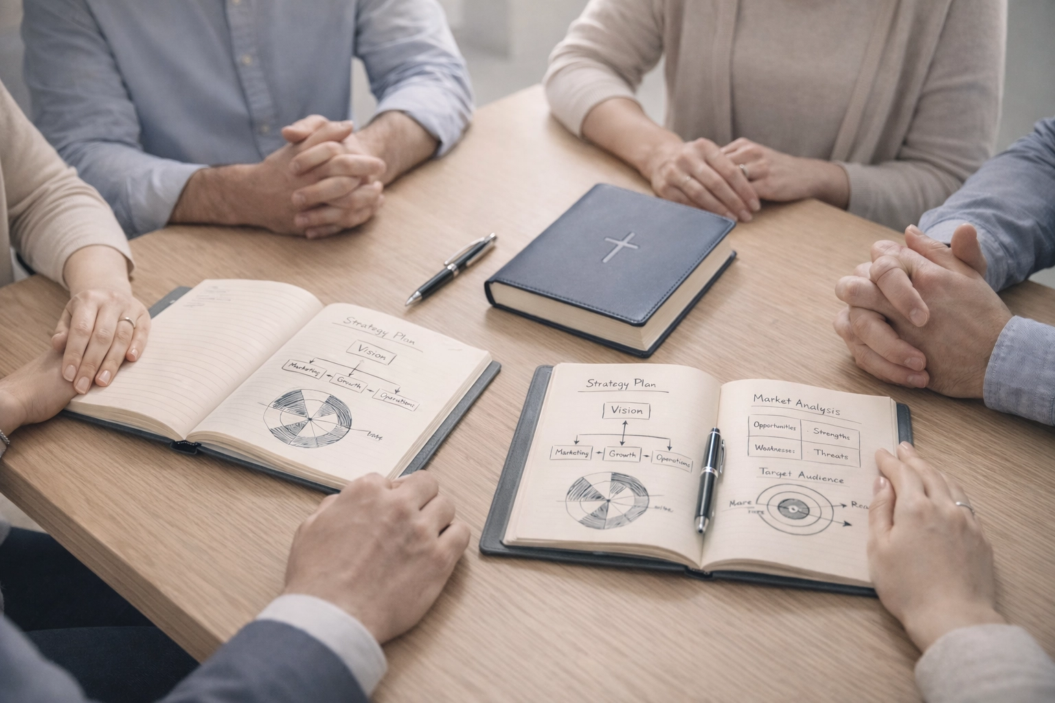 Two journals on executive desk representing separated faith and business decision-making systems