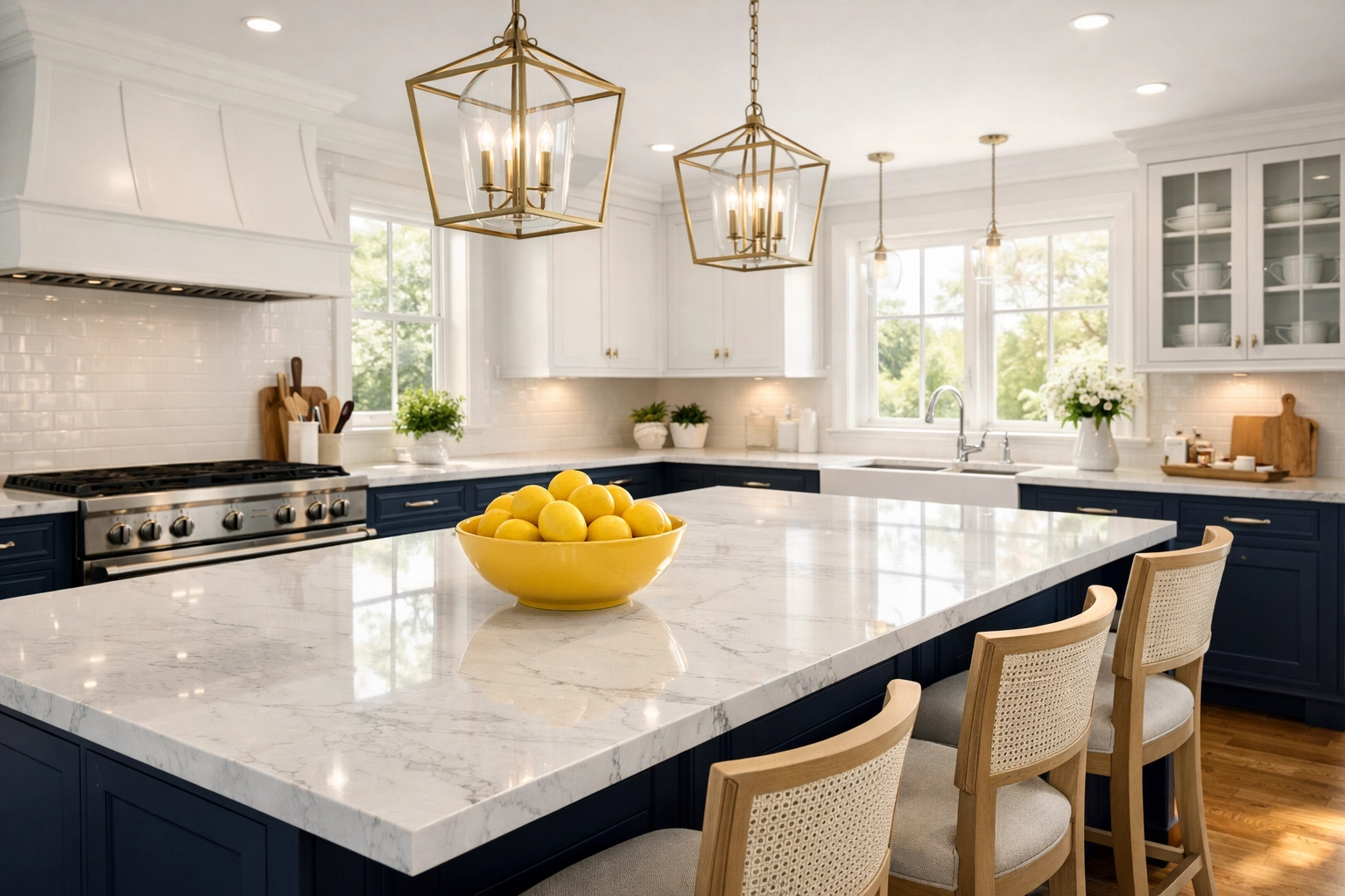 Sun-drenched kitchen with marble countertops in a Massachusetts home, showing the results of weekly house cleaning.