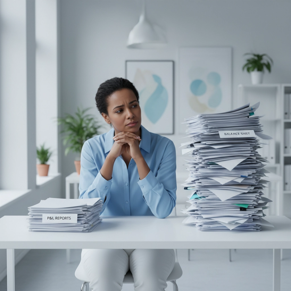 Business owner stressed over balance sheet problems and financial documents